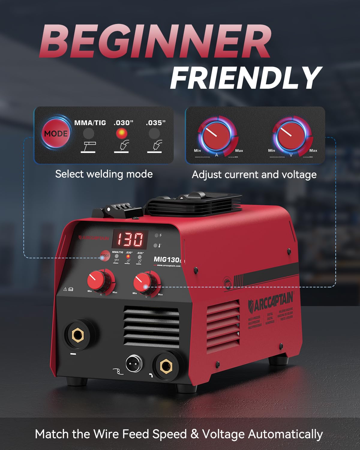ARCCAPTAIN 130A MIG Welder, 3-in-1 Welder Machine 110V, Flux Core MIG/Lift TIG Welding/Stick Welding Machine with Synergy, IGBT Inverter Portable Gasless Welder Equipment with 1lb Welding Wire - Image 3