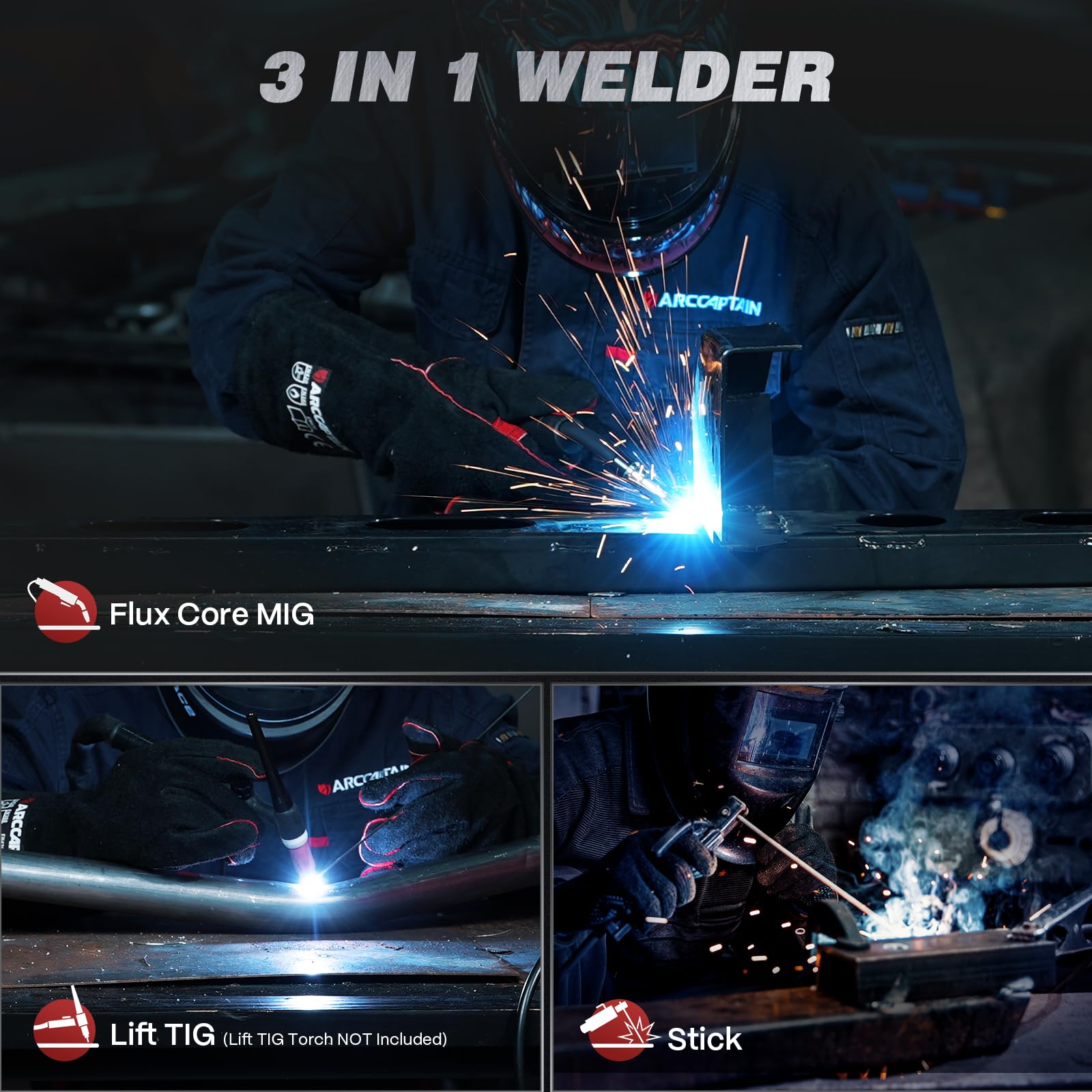 ARCCAPTAIN 135A MIG Welder [Large LED Display] 110V Welder Flux Core MIG, Lift TIG, Stick, 3 in 1 Welding Machine Gasless MIG Welder Machine 110V, IGBT Inverter Welder with Synergy, 2T/4T - Image 3