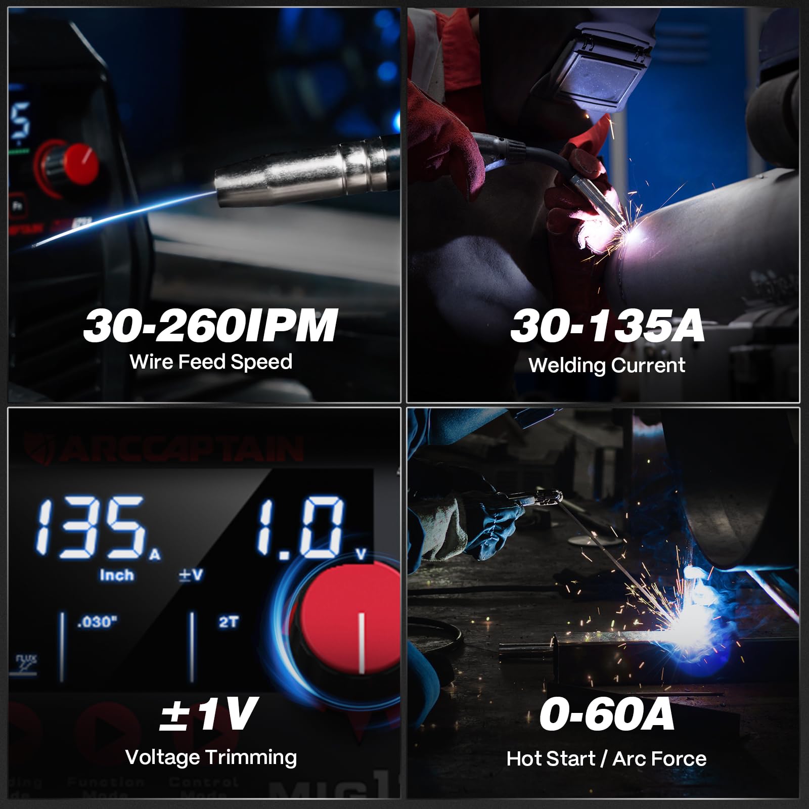 ARCCAPTAIN 135A MIG Welder [Large LED Display] 110V Welder Flux Core MIG, Lift TIG, Stick, 3 in 1 Welding Machine Gasless MIG Welder Machine 110V, IGBT Inverter Welder with Synergy, 2T/4T - Image 4