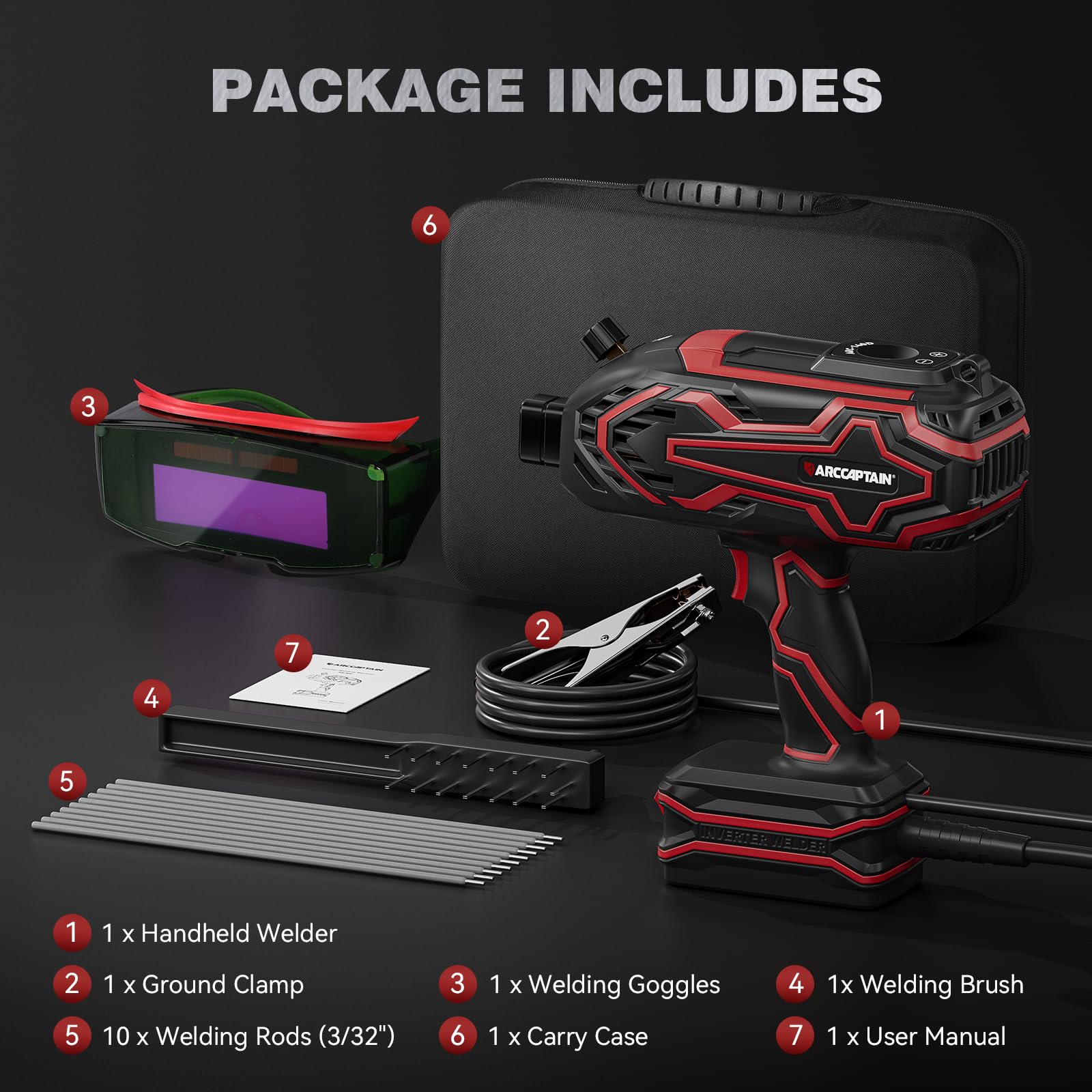 ARCCAPTAIN 140A Handheld Welder, [LED Display] Portable Welding Machine 110V with Hot Start, Arc force and Anti-Stick, IGBT Portable ARC Welder with Auto Darkening Goggles for 1/16"-1/8" Welding Rods - Image 8