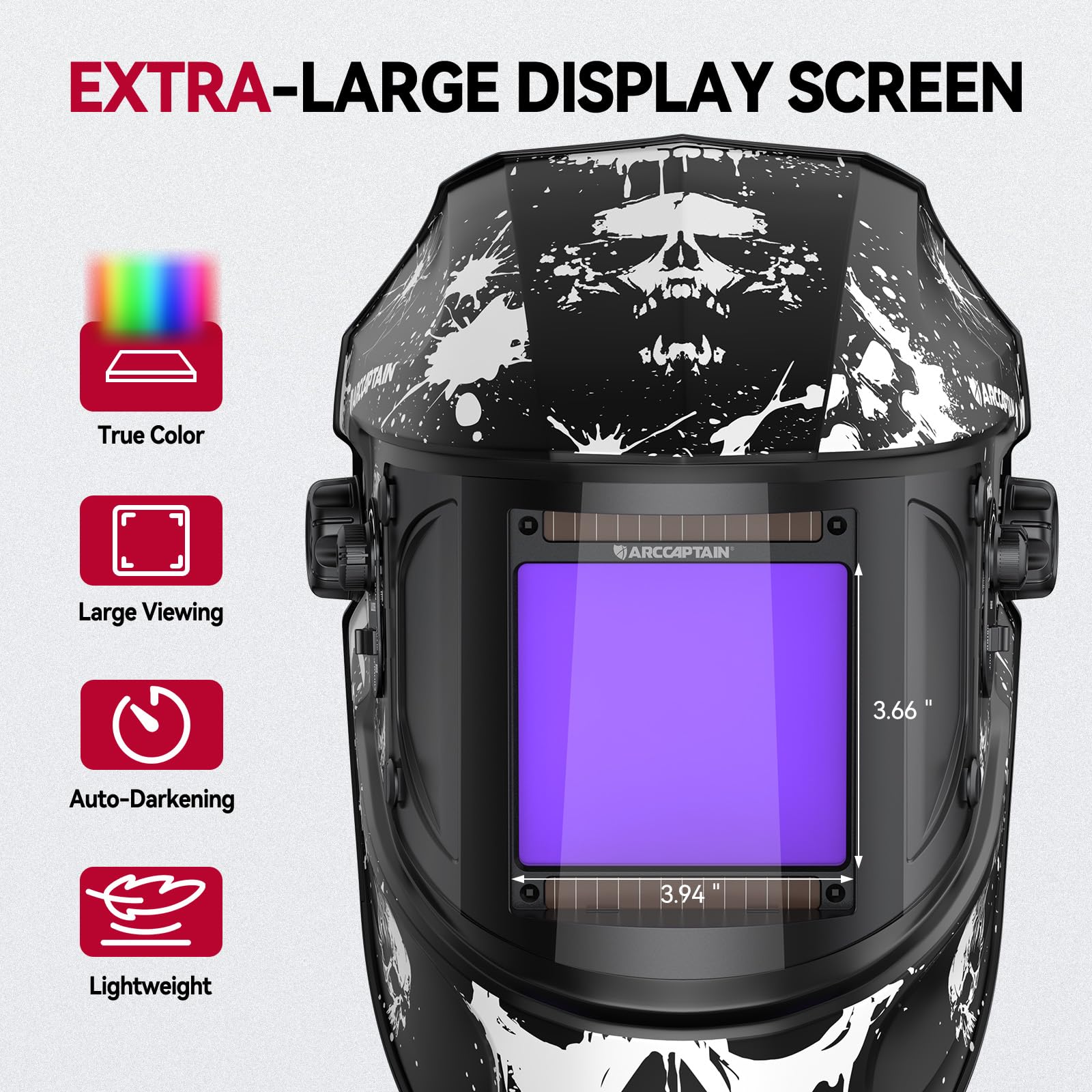 ARCCAPTAIN 3.94"X3.66" Welding Helmet Auto Darkening, 1/1/1/1 Top Optical Clarity Large Viewing Screen Solar Power Welding Hood with 4 Arc Sensor, Wide Shade 4-5/5-9/9-13 for TIG MIG ARC Welding Cut - Image 3