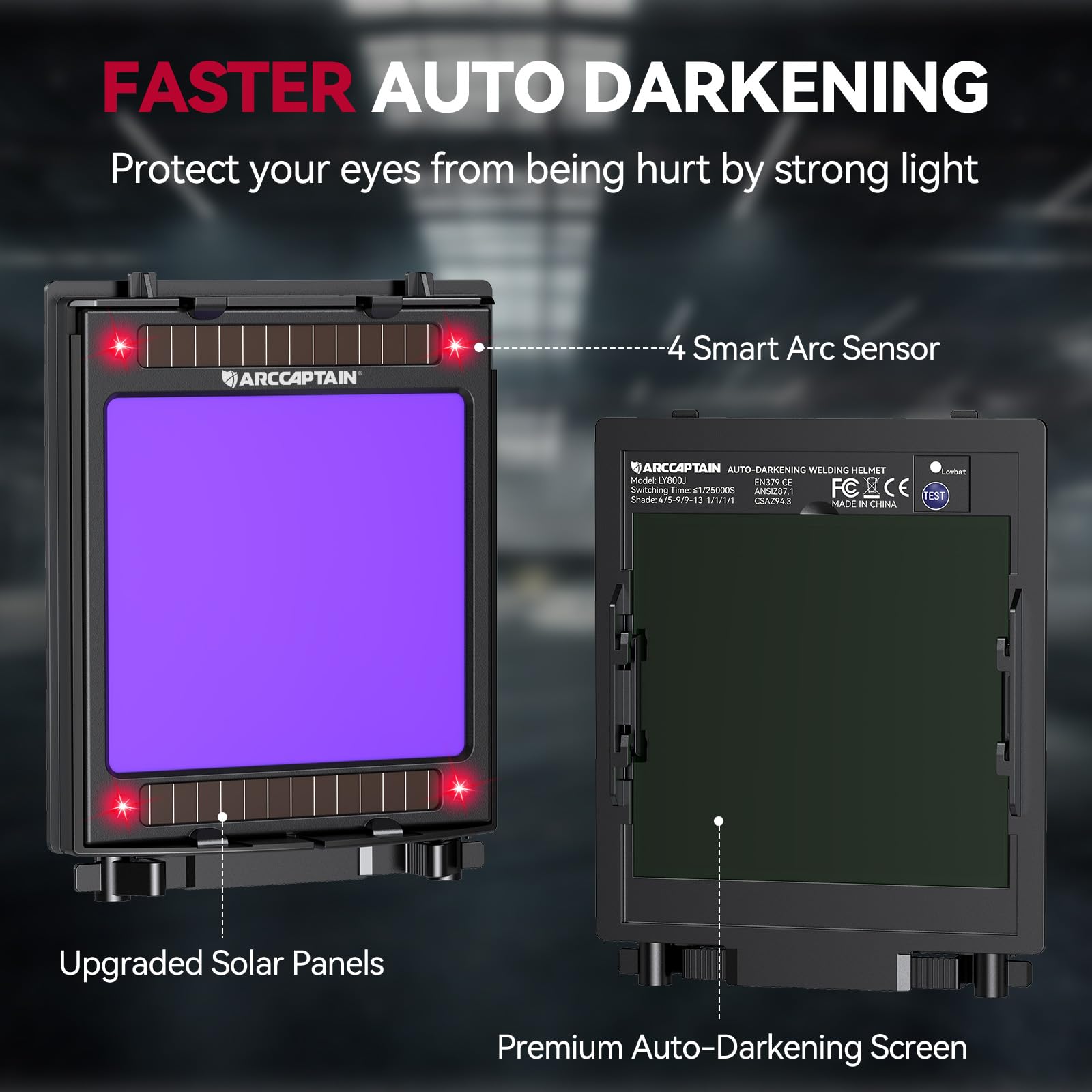 ARCCAPTAIN 3.94"X3.66" Welding Helmet Auto Darkening, 1/1/1/1 Top Optical Clarity Large Viewing Screen Solar Power Welding Hood with 4 Arc Sensor, Wide Shade 4-5/5-9/9-13 for TIG MIG ARC Welding Cut - Image 5