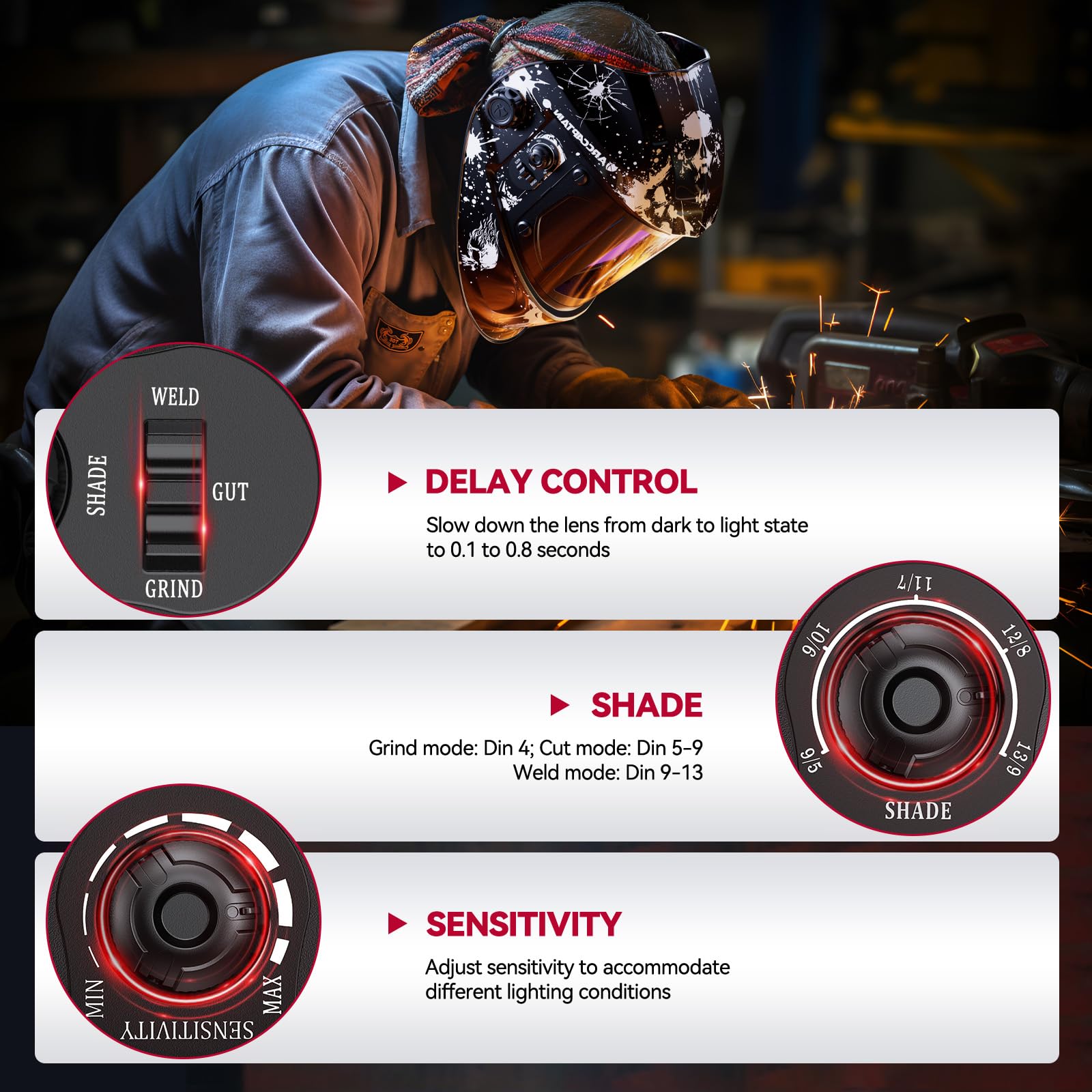 ARCCAPTAIN 3.94"X3.66" Welding Helmet Auto Darkening, 1/1/1/1 Top Optical Clarity Large Viewing Screen Solar Power Welding Hood with 4 Arc Sensor, Wide Shade 4-5/5-9/9-13 for TIG MIG ARC Welding Cut - Image 6