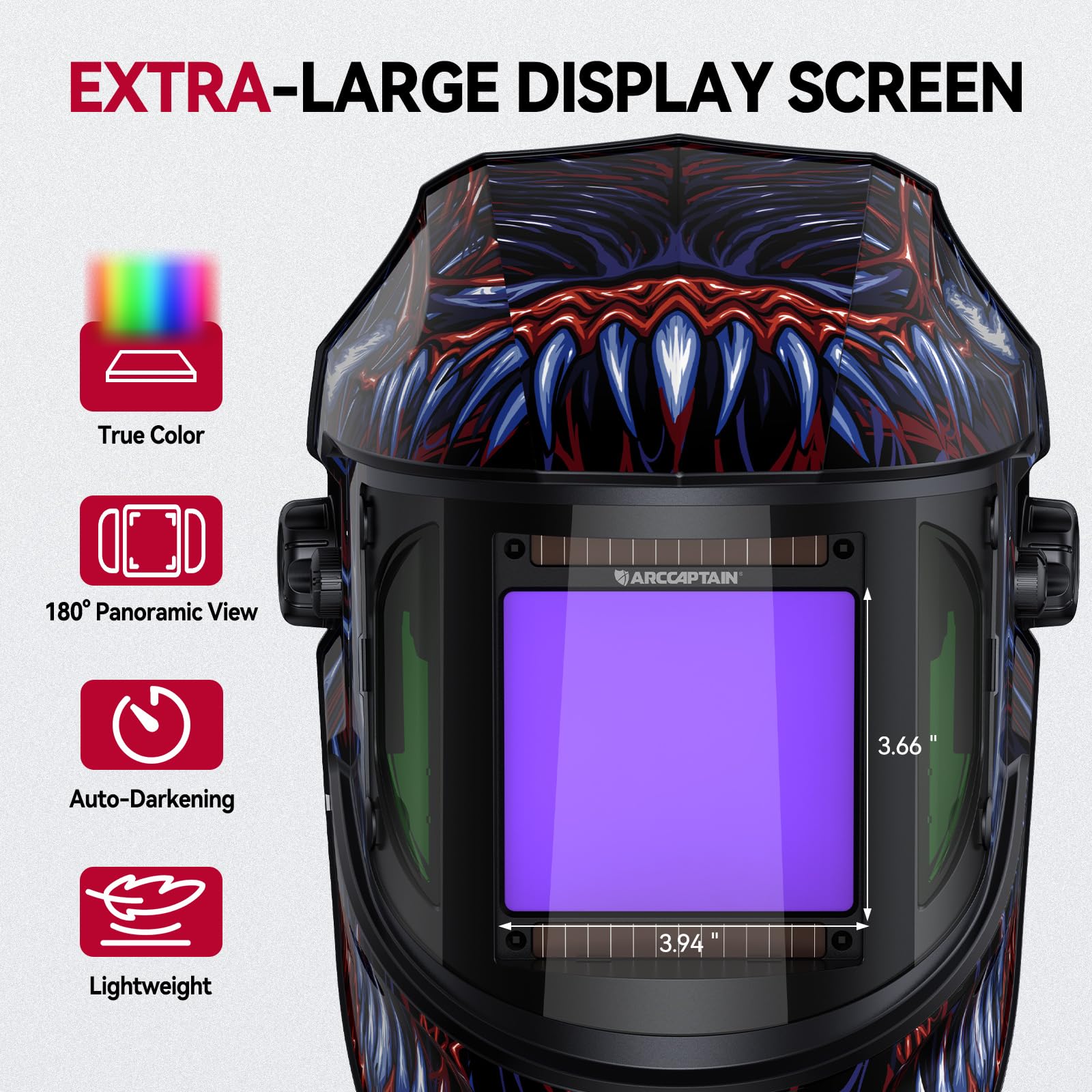 ARCCAPTAIN Auto Darkening Welding Helmet with Side View, 180° Panoramic View, 1/1/1/1 True Color Large Viewing Welding Hood with 4 Arc Sensor Solar Powered, Wide Shade 4/5-9/9-13 for TIG MIG ARC Cut - Image 3