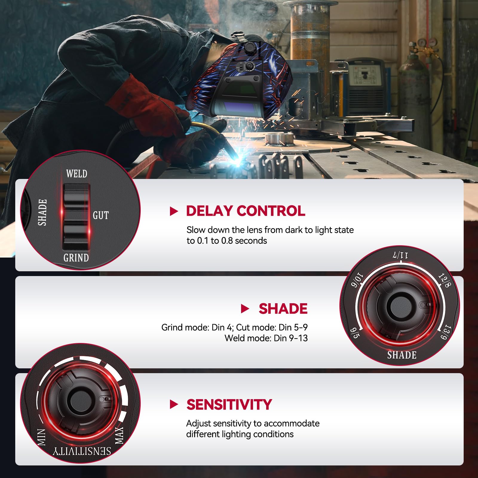 ARCCAPTAIN Auto Darkening Welding Helmet with Side View, 180° Panoramic View, 1/1/1/1 True Color Large Viewing Welding Hood with 4 Arc Sensor Solar Powered, Wide Shade 4/5-9/9-13 for TIG MIG ARC Cut - Image 6