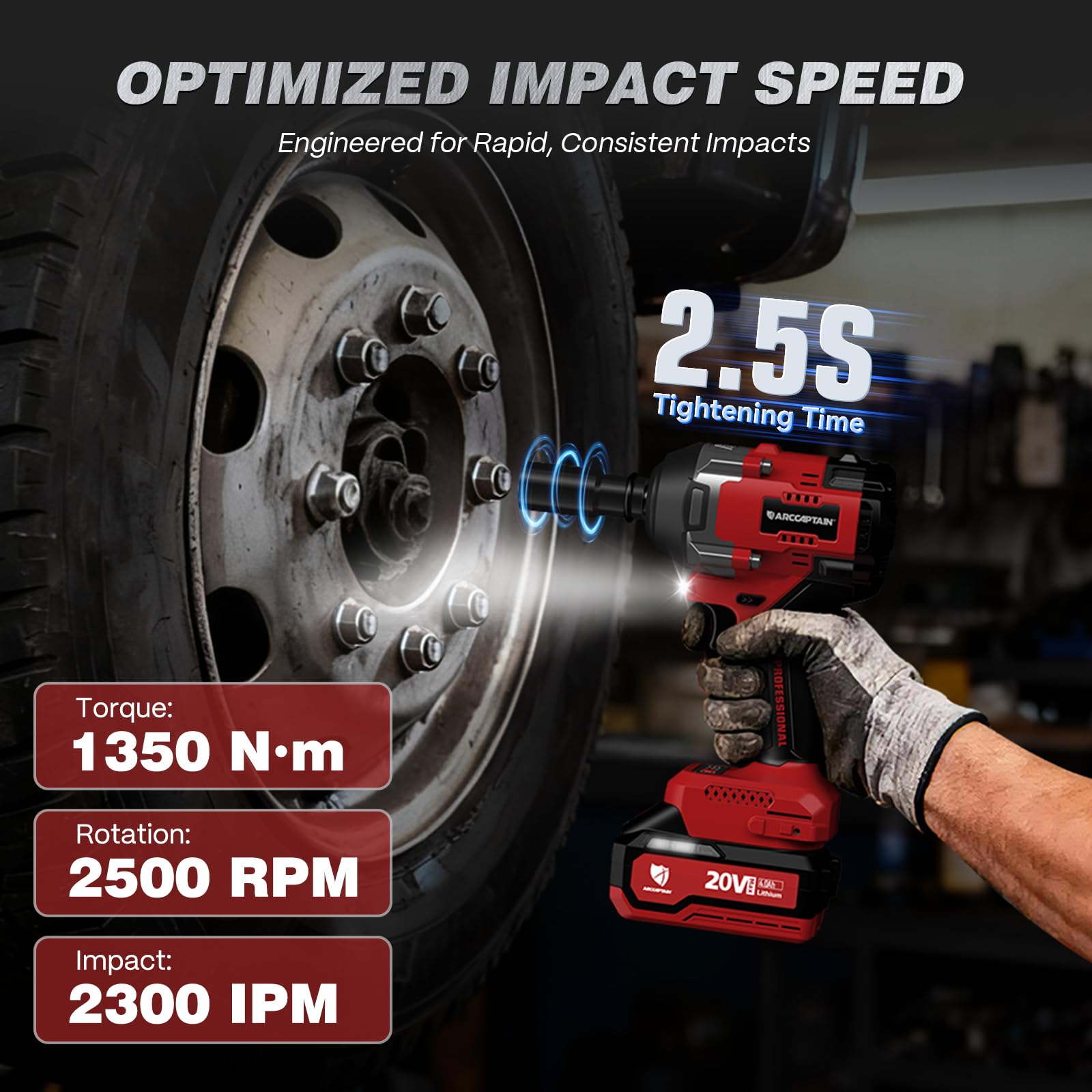 ARCCAPTAIN Cordless Impact Wrench, 1500N.m (1106Ft-lbs) 1/2" High Torque Impact Gun, 15C High-Rate 2x4.0Ah Batteries, 20V Power Impact Driver, Supports Up to 40mm Socket for Heavy Truck/Car/Pickup - Image 4