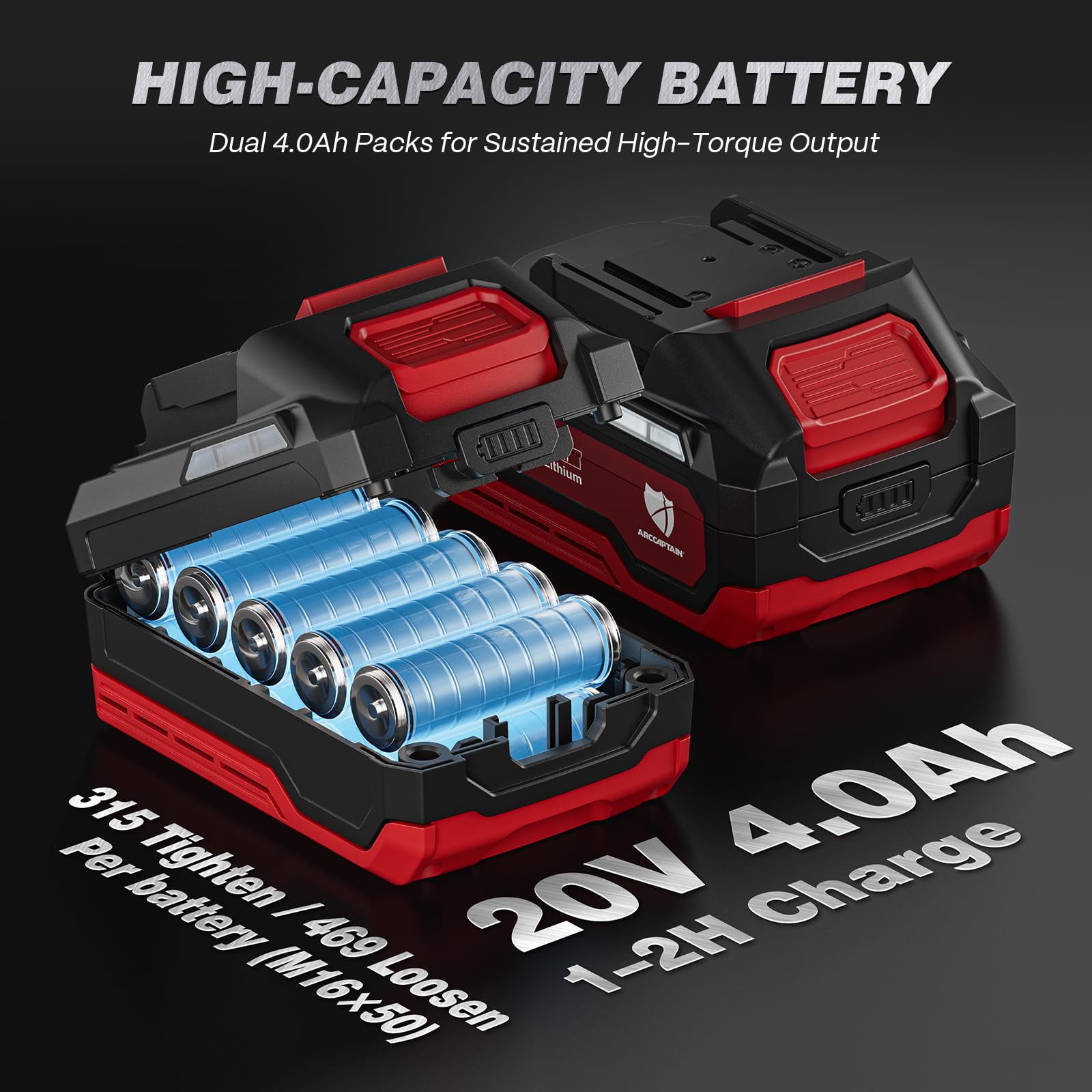 ARCCAPTAIN Cordless Impact Wrench, 1500N.m (1106Ft-lbs) 1/2" High Torque Impact Gun, 15C High-Rate 2x4.0Ah Batteries, 20V Power Impact Driver, Supports Up to 40mm Socket for Heavy Truck/Car/Pickup - Image 5