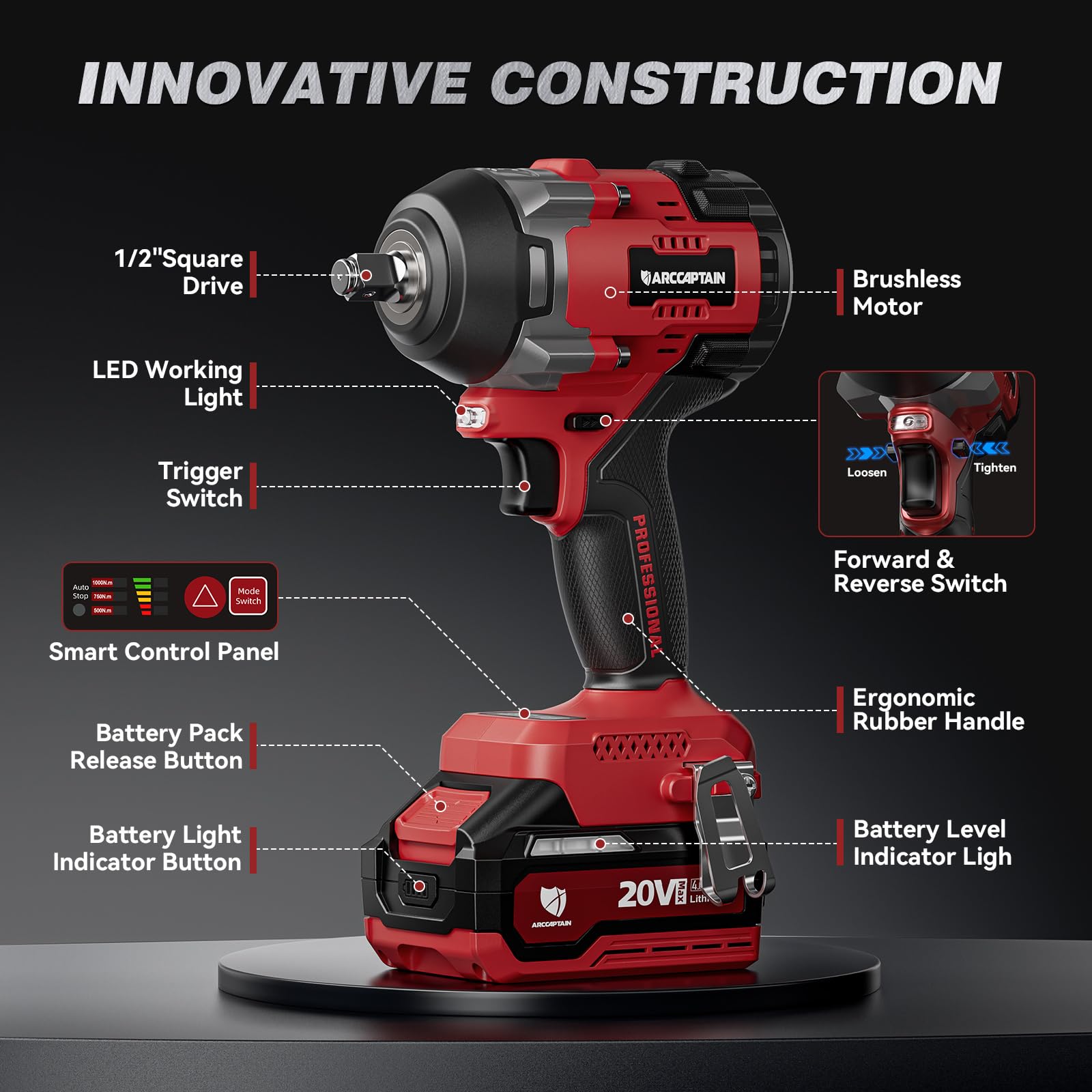 ARCCAPTAIN Cordless Impact Wrench, 1500N.m (1106Ft-lbs) 1/2" High Torque Impact Gun, 15C High-Rate 2x4.0Ah Batteries, 20V Power Impact Driver, Supports Up to 40mm Socket for Heavy Truck/Car/Pickup - Image 7