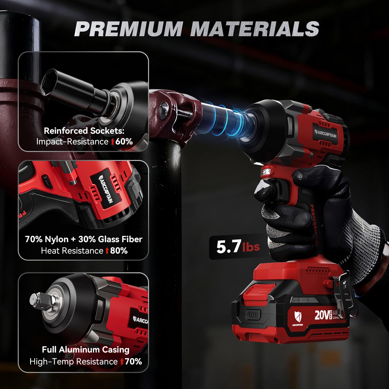 ARCCAPTAIN Cordless Impact Wrench, 1500N.m (1106Ft-lbs) 1/2" High Torque Impact Gun, 15C High-Rate 2x4.0Ah Batteries, 20V Power Impact Driver, Supports Up to 40mm Socket for Heavy Truck/Car/Pickup - Image 8