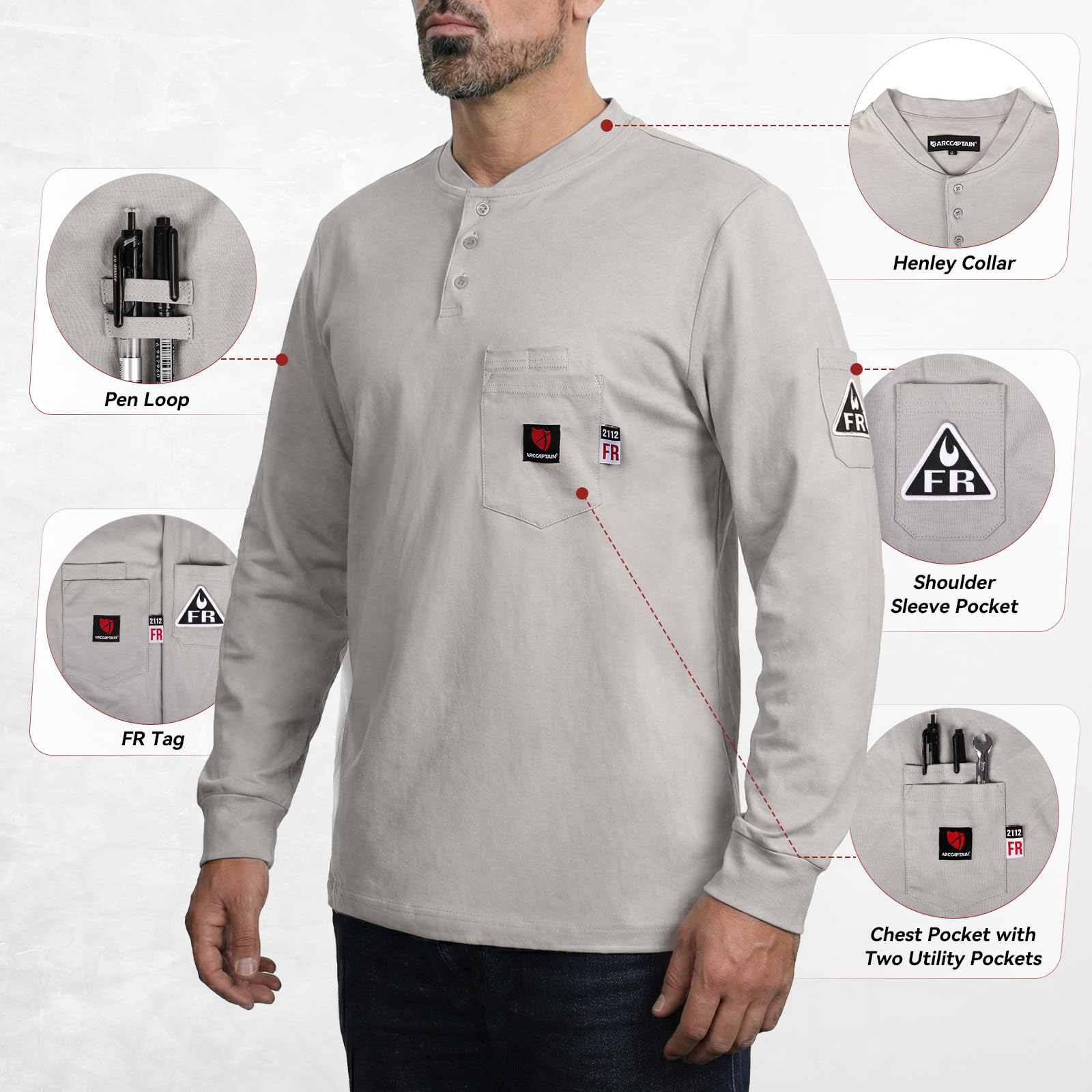 ARCCAPTAIN FR Shirts for Men 8oz 100% Cotton Fire Resistant Henley Shirt CAT2 NFPA2112 Welding Work Long Sleeve Clothing - Image 4