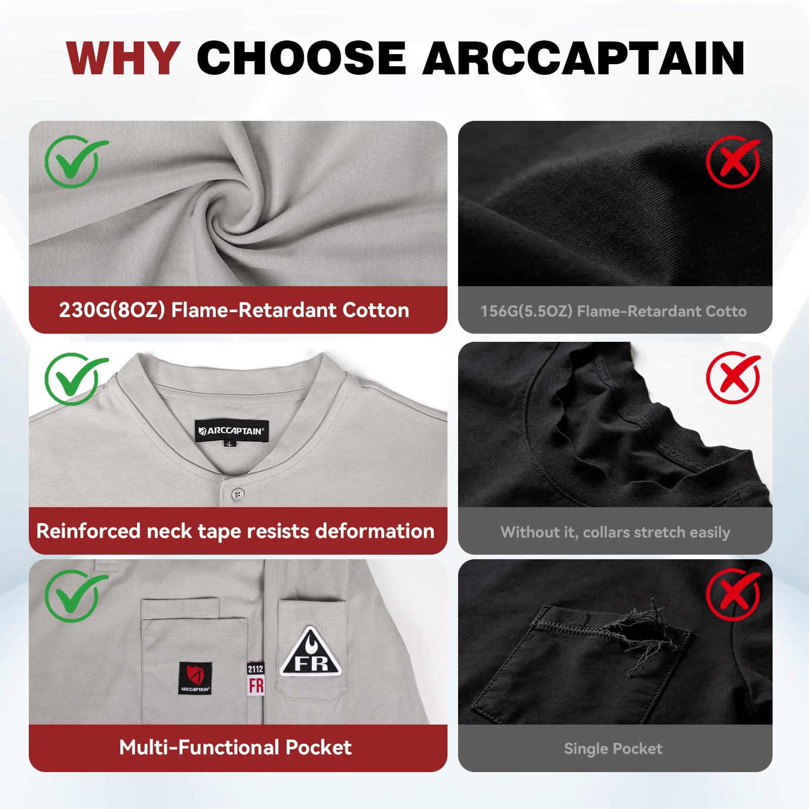 ARCCAPTAIN FR Shirts for Men 8oz 100% Cotton Fire Resistant Henley Shirt CAT2 NFPA2112 Welding Work Long Sleeve Clothing - Image 6