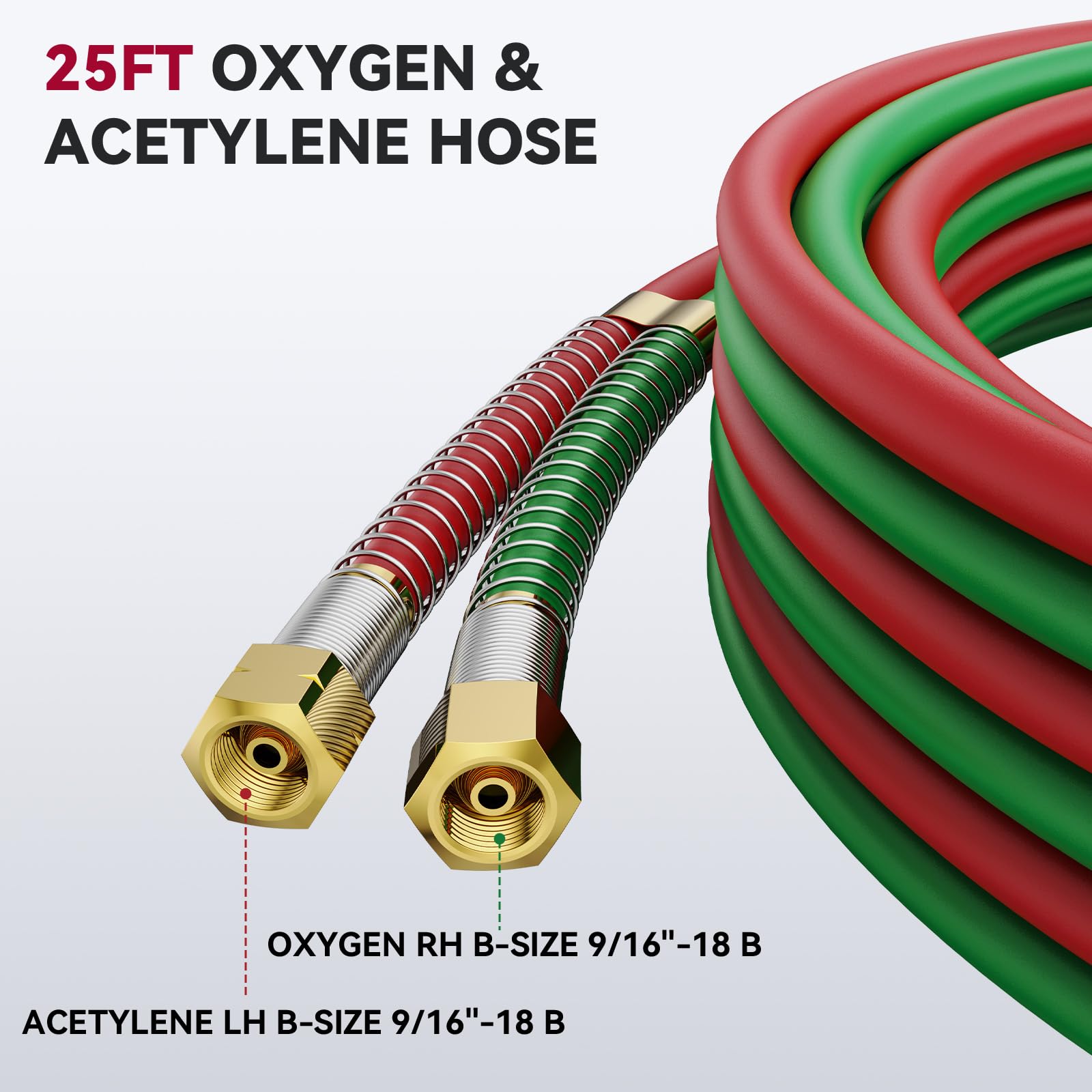 ARCCAPTAIN Grade T Oxygen Acetylene Hose, 1/4" x 25 FT with 9/16"-18 B Fittings and Spring Guards, Welding Torch Hose for Oxy Acetylene Flame Welding and Cutting - Image 7