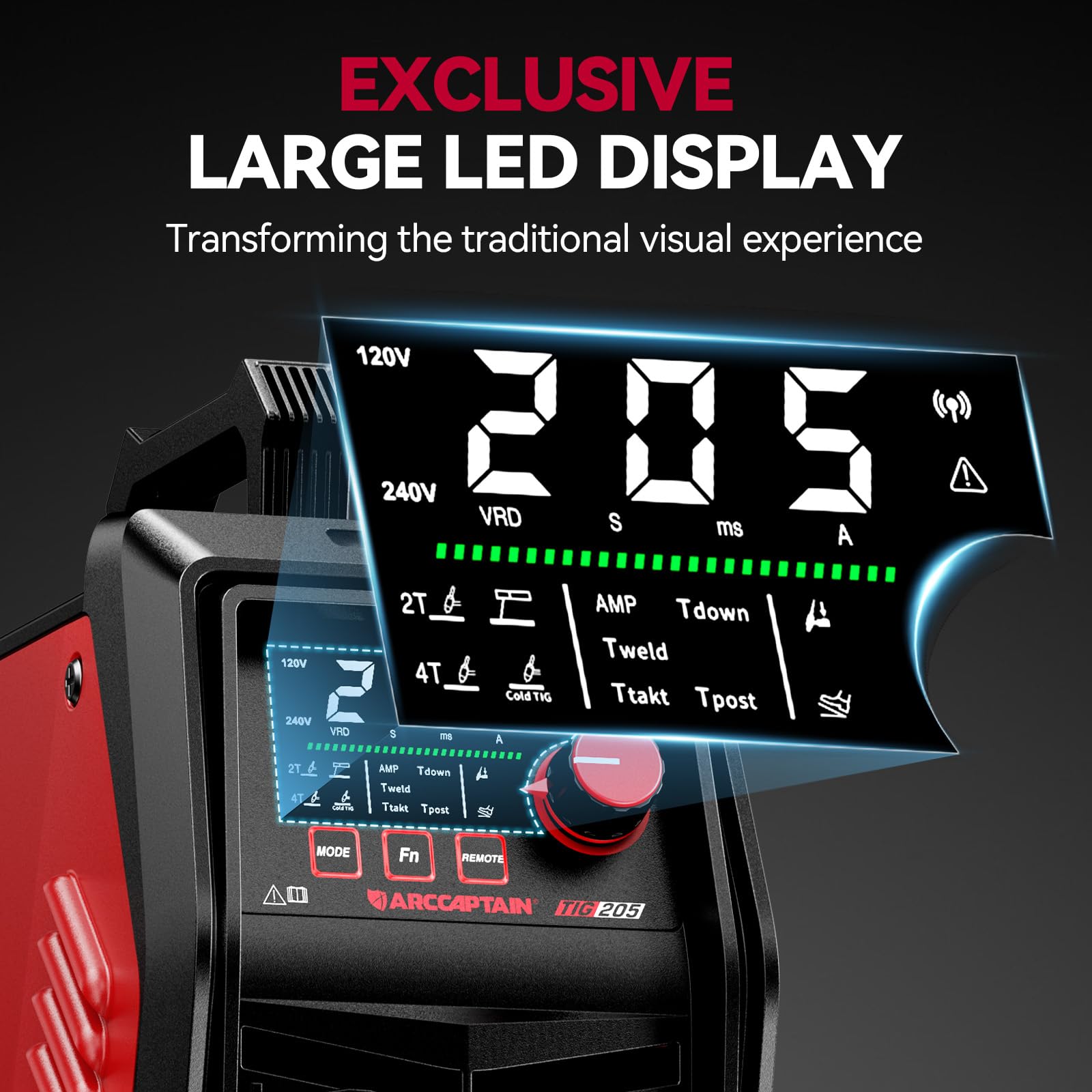 ARCCAPTAIN iControl TIG 205 Pro, 5 In 1 Cold Spot Stick/TIG Welder, 120V/240V Welding Machine with Large LED Display, 2T/4T, Hot start, Arc Force and Anti-stick - Image 7