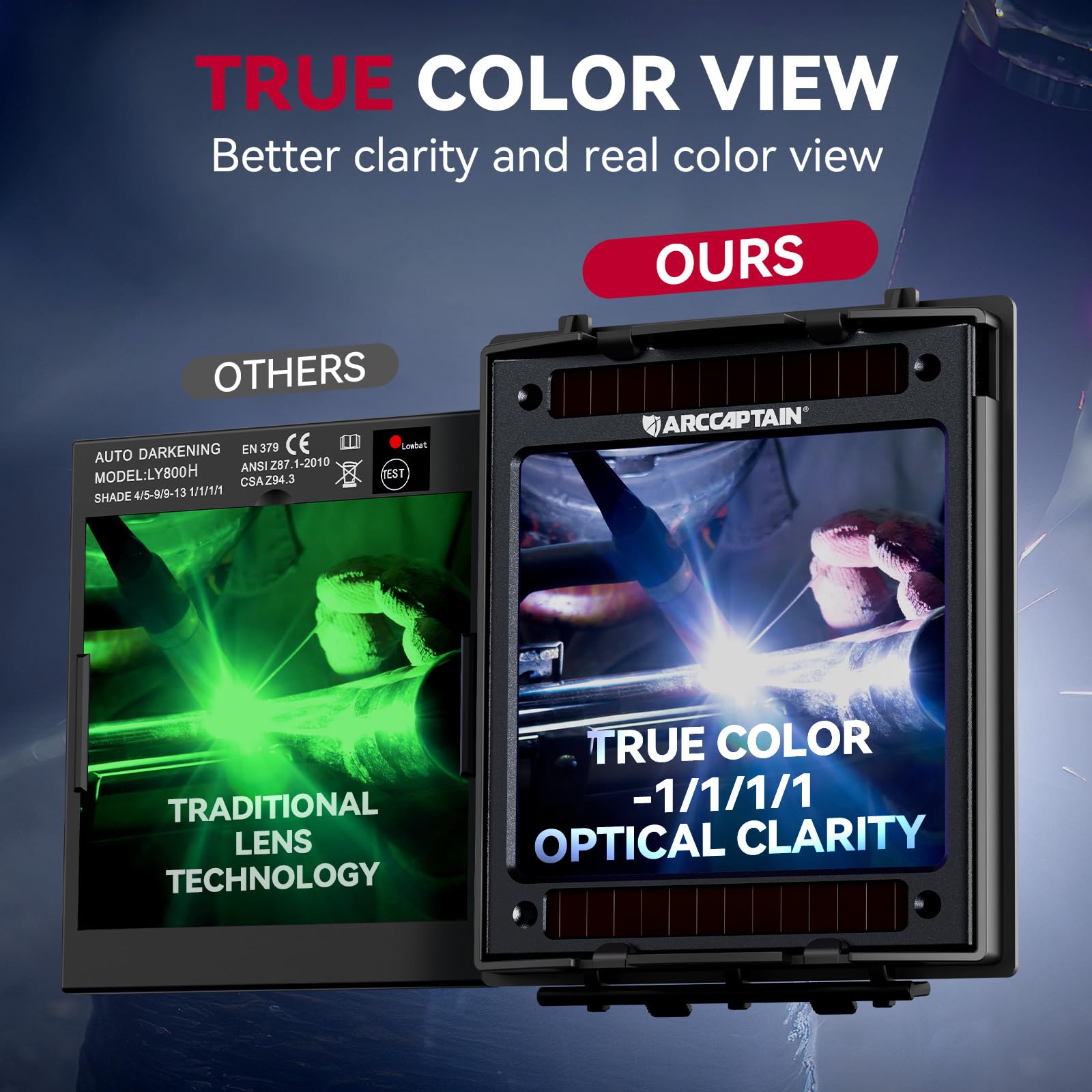 ARCCAPTAIN Large View 3.94" x 3.66" True Color Auto Darkening Welding Helmet with Light, Solar Powered Welding Hood, 4 Arc Sensor Wide Shade 4/5-9/9-13 for Stick MIG TIG Cut - Image 3