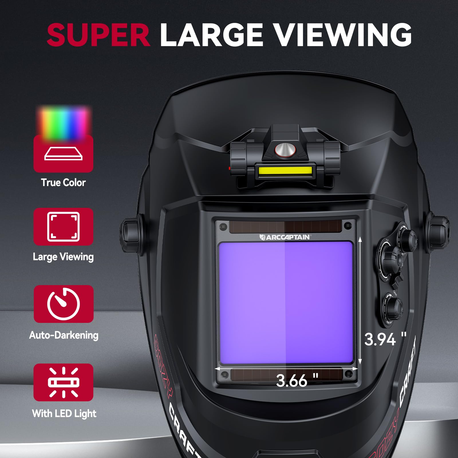 ARCCAPTAIN Large View 3.94" x 3.66" True Color Auto Darkening Welding Helmet with Light, Solar Powered Welding Hood, 4 Arc Sensor Wide Shade 4/5-9/9-13 for Stick MIG TIG Cut - Image 4