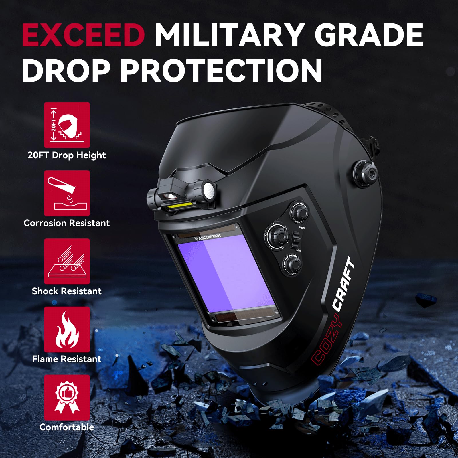 ARCCAPTAIN Large View 3.94" x 3.66" True Color Auto Darkening Welding Helmet with Light, Solar Powered Welding Hood, 4 Arc Sensor Wide Shade 4/5-9/9-13 for Stick MIG TIG Cut - Image 6