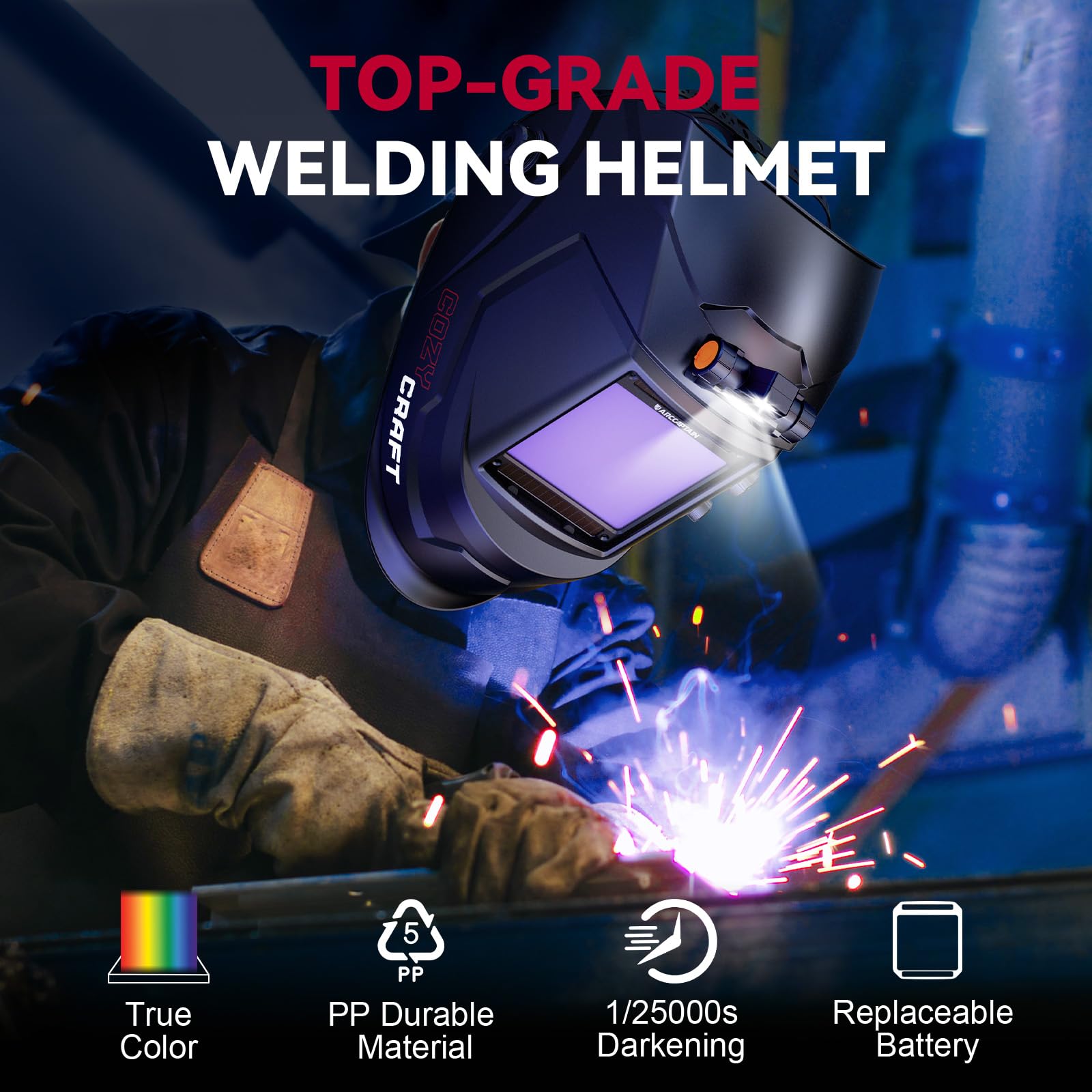ARCCAPTAIN Large View 3.94" x 3.66" True Color Auto Darkening Welding Helmet with Light, Solar Powered Welding Hood, 4 Arc Sensor Wide Shade 4/5-9/9-13 for Stick MIG TIG Cut - Image 8
