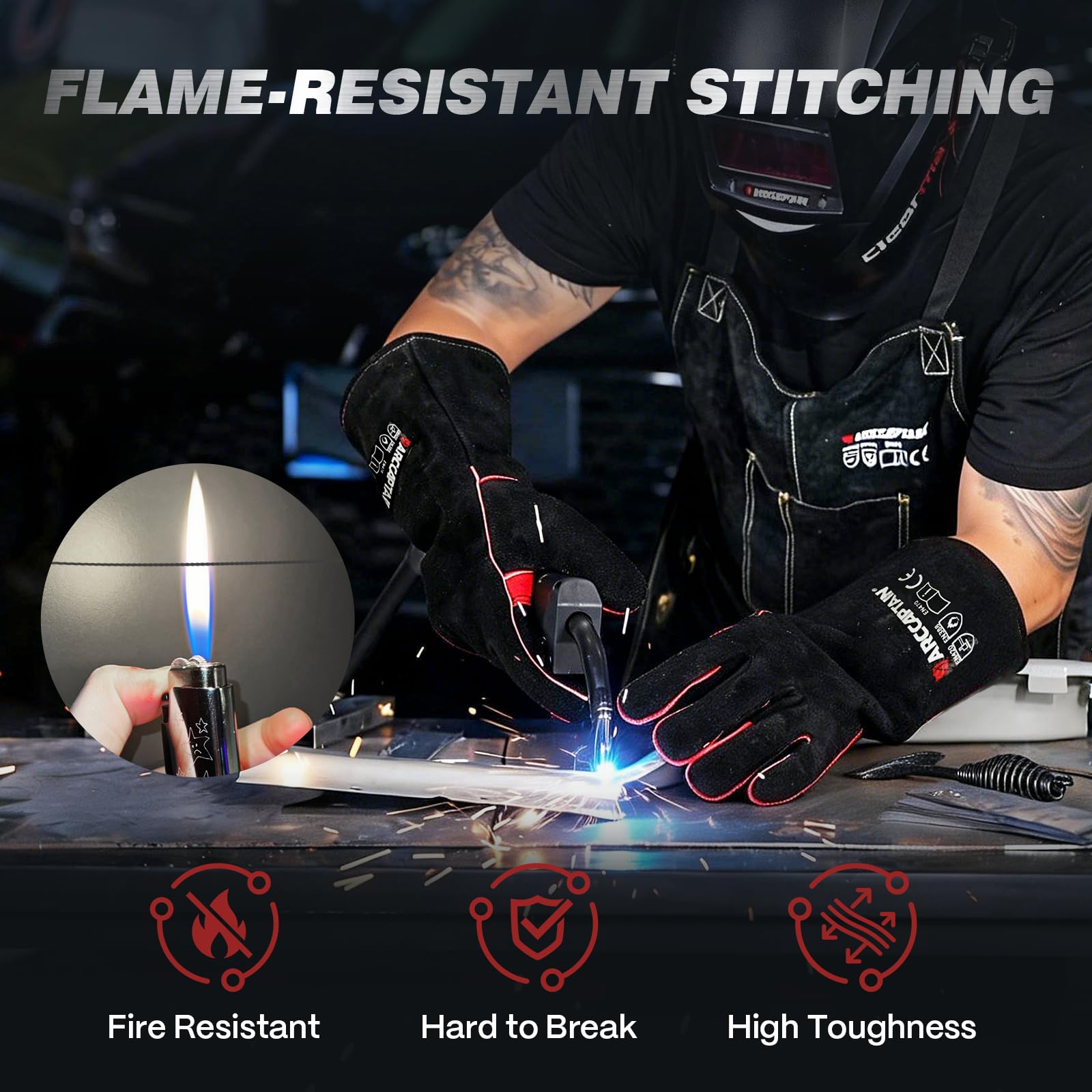 ARCCAPTAIN Leather Forge Welding Gloves, Heat/Fire Resistant 16 inches Gloves for Stick,Mig,Tig,Forge,BBQ,Grill,Fireplace,Wood Stove,Furnace,Oven,Pot - Image 3
