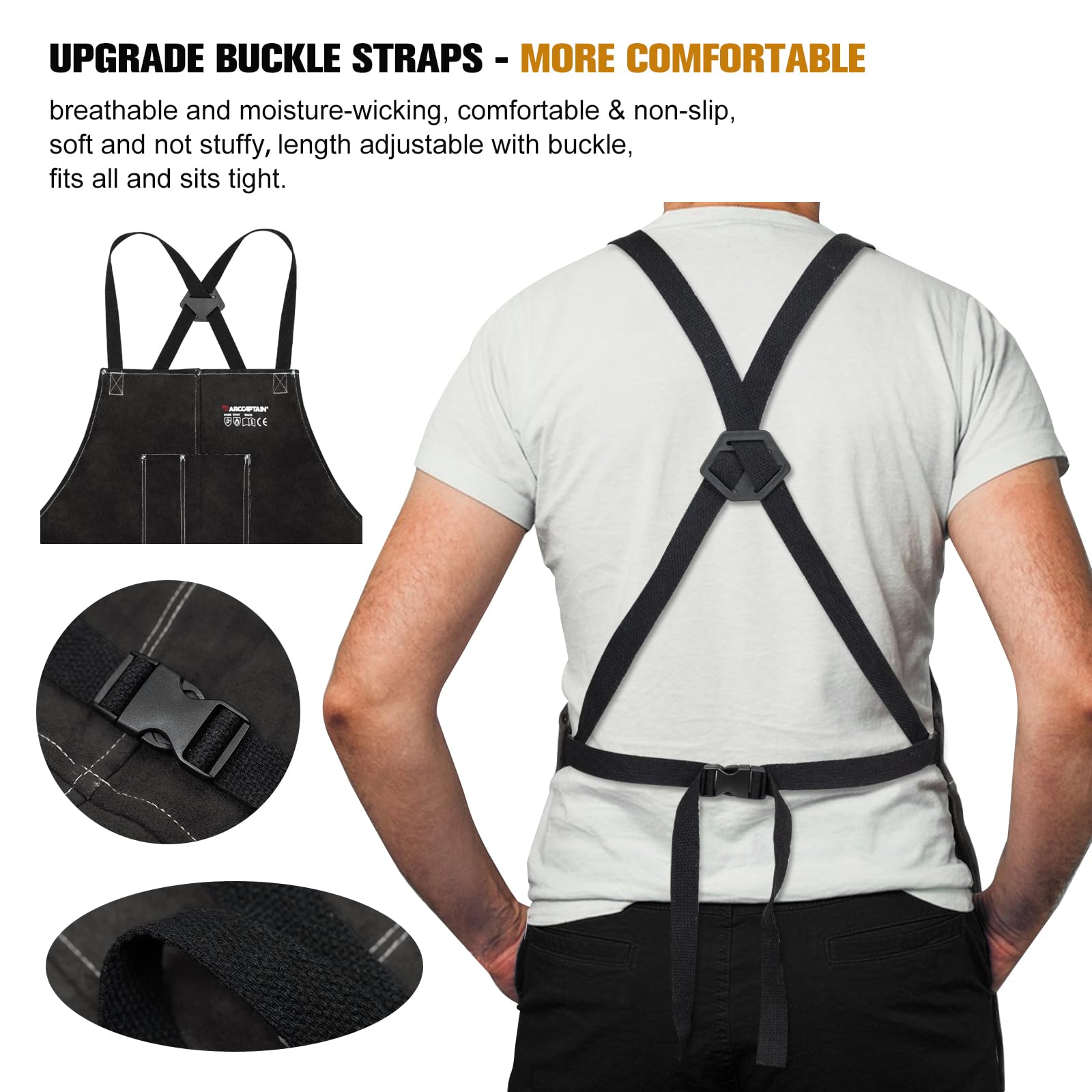 ARCCAPTAIN Leather Welding Work Apron 24" X 36" Heat Flame Resistant Cowhide Blacksmith Aprons with 6 Tool Pockets for Welders Men Women, Adjustable M to XXXL-Black - Image 4