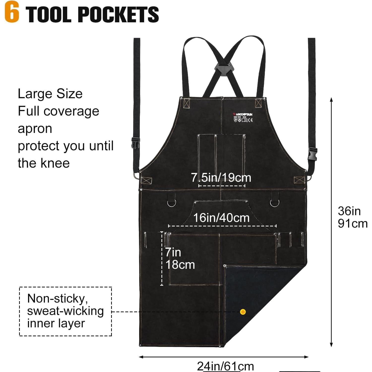 ARCCAPTAIN Leather Welding Work Apron 24" X 36" Heat Flame Resistant Cowhide Blacksmith Aprons with 6 Tool Pockets for Welders Men Women, Adjustable M to XXXL-Black - Image 6