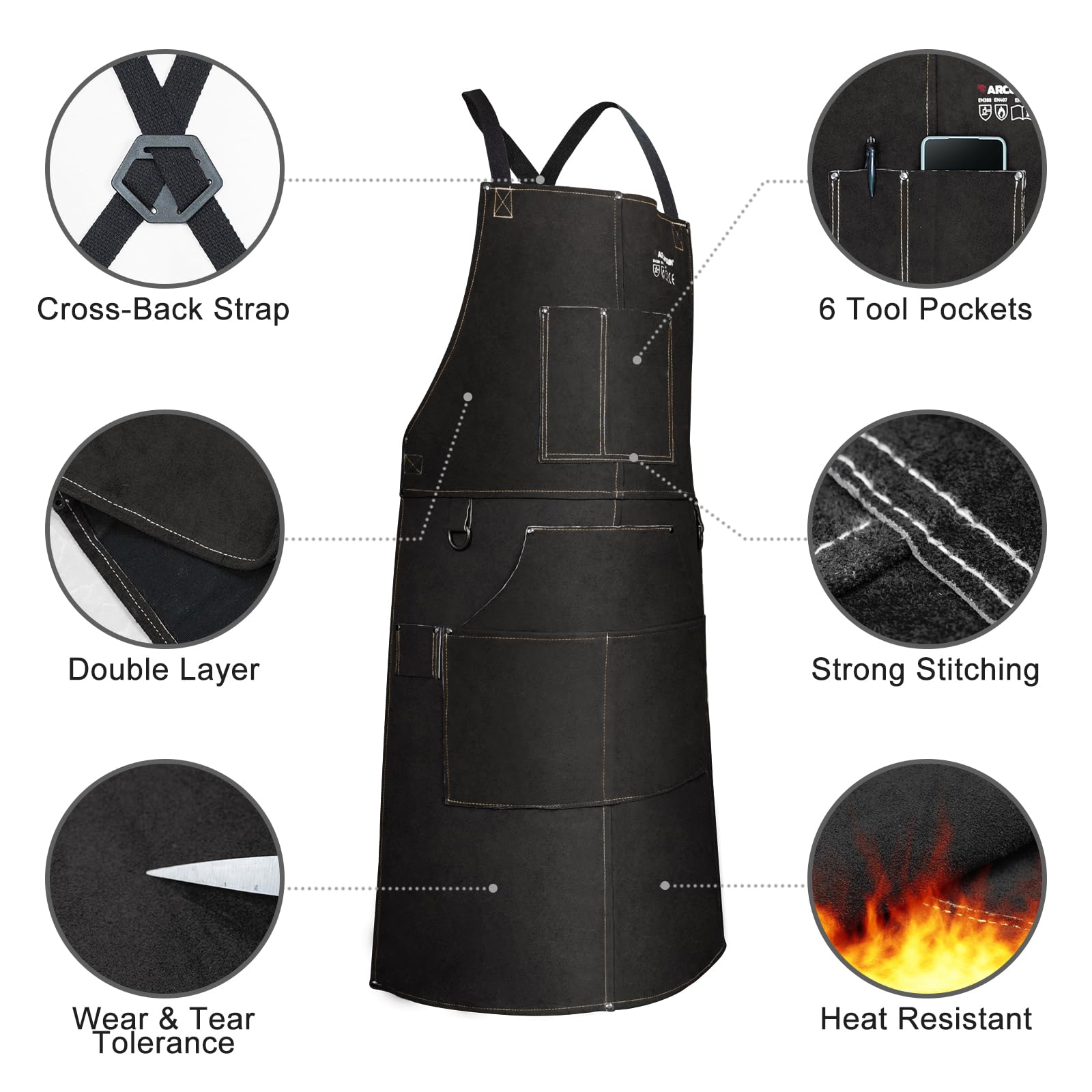 ARCCAPTAIN Leather Welding Work Apron 24" X 36" Heat Flame Resistant Cowhide Blacksmith Aprons with 6 Tool Pockets for Welders Men Women, Adjustable M to XXXL-Black - Image 7
