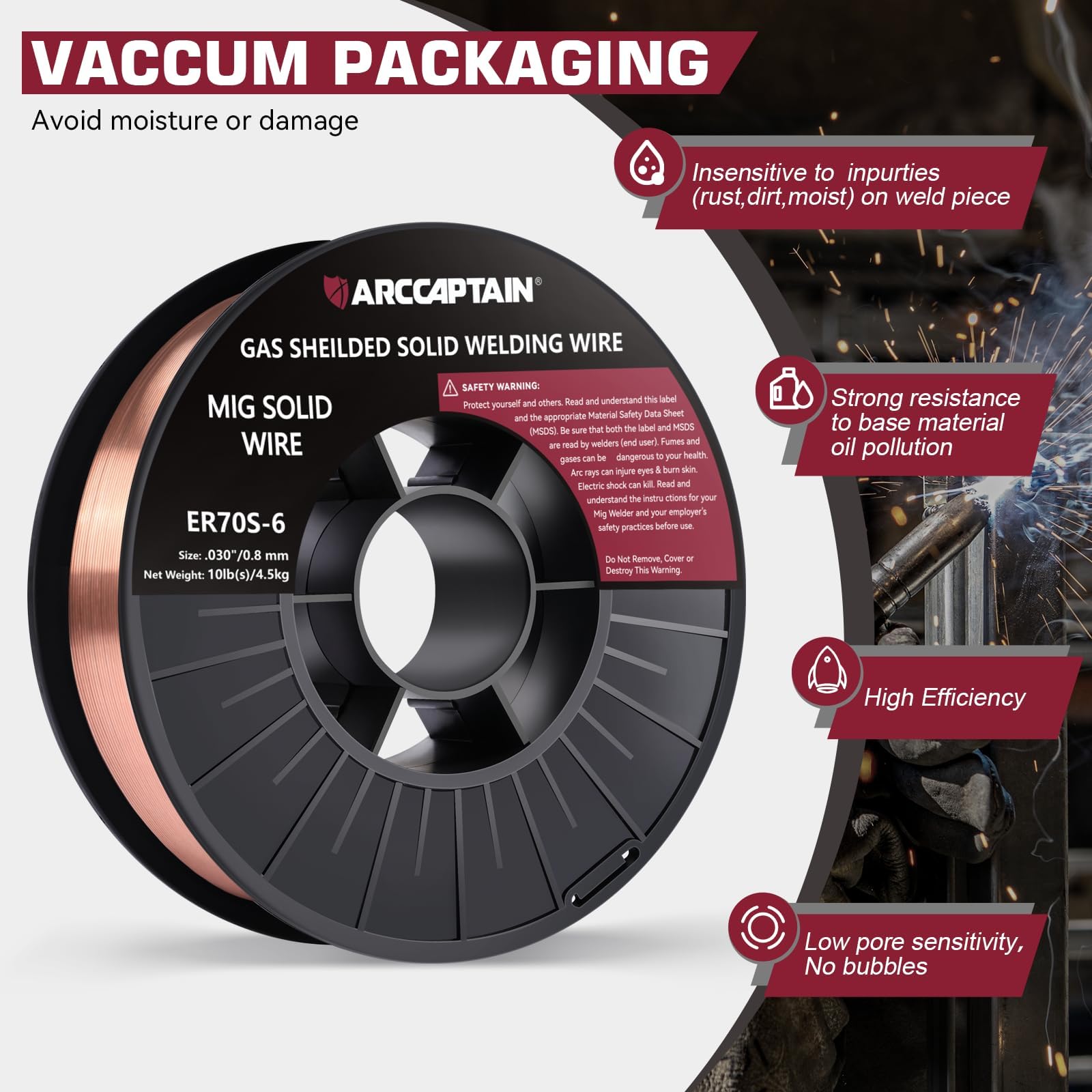 ARCCAPTAIN Mig Welding Wire, 0.030 10Lb Mig Wire ER70S-6 10Lbs Gas Solid Carbon Steel Low Splatter Mig Welding Wire Compatible With Lincoln Miller Forney Harbor Welder 0.08 4.5KG - Image 4