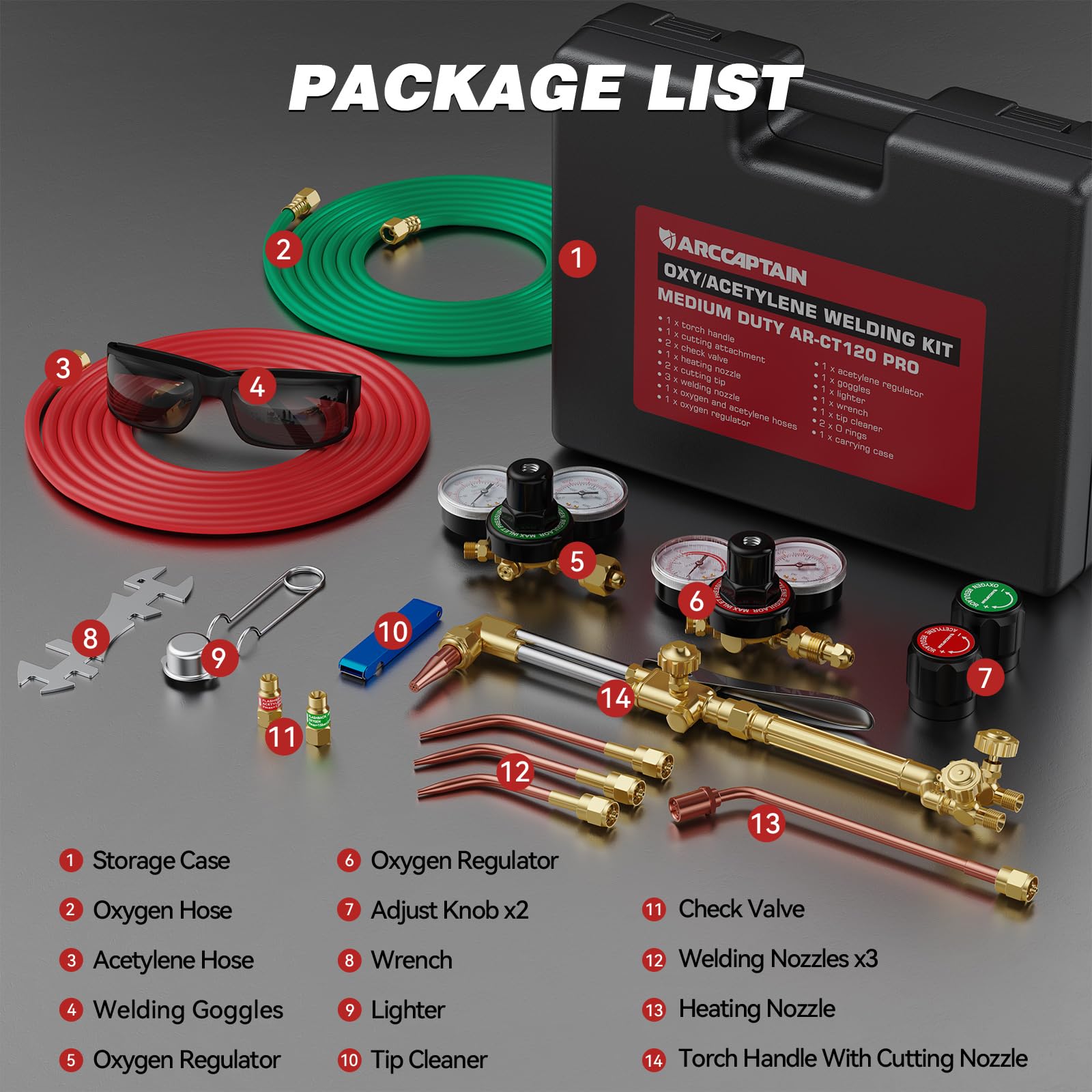 ARCCAPTAIN Oxy Acetylene Torch Kit with Check Valves, Medium Duty Gas Welding Cutting Torch Kit with Hose, Regulator Gauges, Cutting Tip, 3 Welding Tips and Storage Case - Image 8