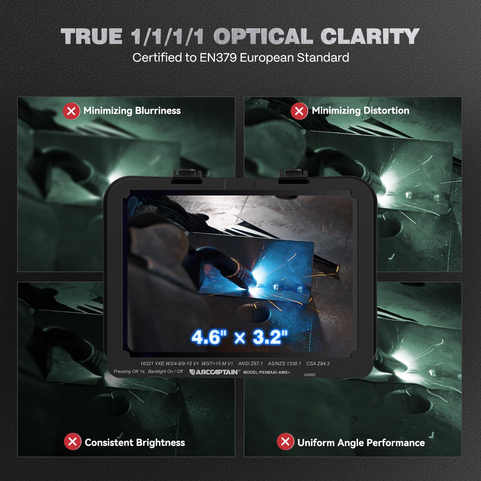 ARCCAPTAIN Premium Auto-Shade Welding Helmet, 4.6" x 3.2" Intelligent Large Viewing Screen Welding Hood, 1/1/1/1 Optical Clarity, Internal Display, Memory & Gradient, Built-in Parameter Recording - Image 3