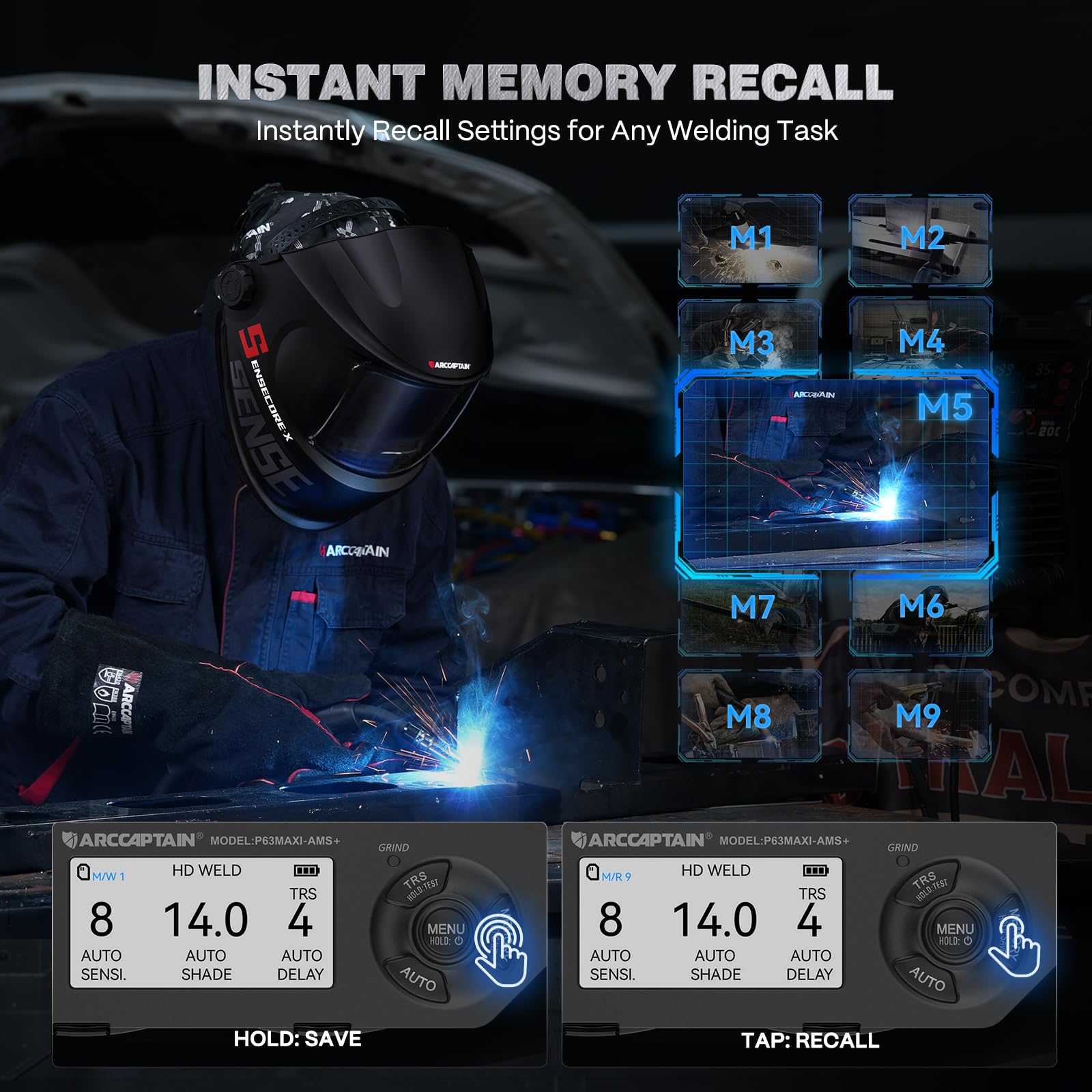 ARCCAPTAIN Premium Auto-Shade Welding Helmet, 4.6" x 3.2" Intelligent Large Viewing Screen Welding Hood, 1/1/1/1 Optical Clarity, Internal Display, Memory & Gradient, Built-in Parameter Recording - Image 6