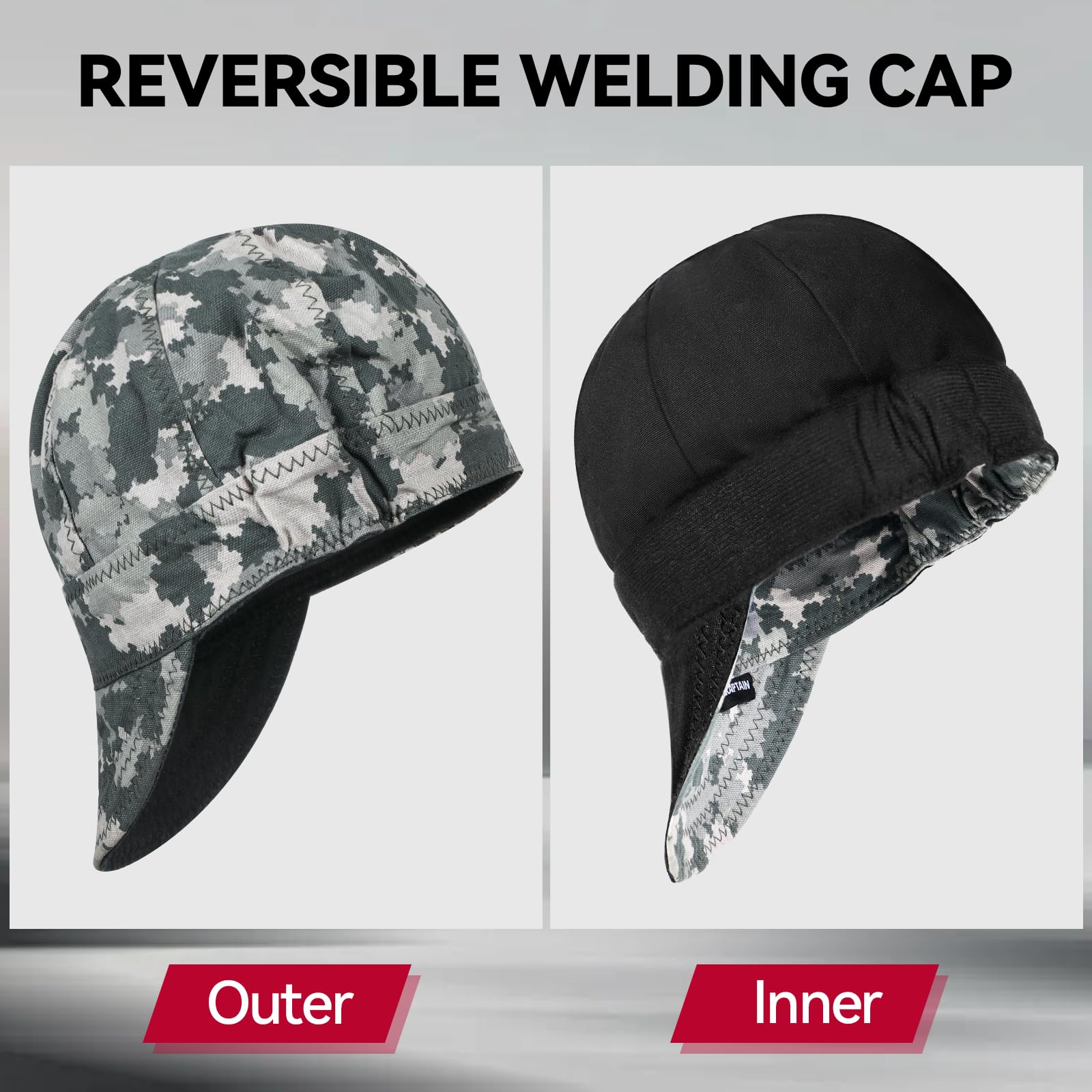 ARCCAPTAIN Reversible Welding Cap with Elastic Retractable Band, 8 Panel Protective Welders Cap, 10 oz Fireproof Cotton Comforts for Safety and Protection While Welding to Men Women, 7 7/8, Camo - Image 6