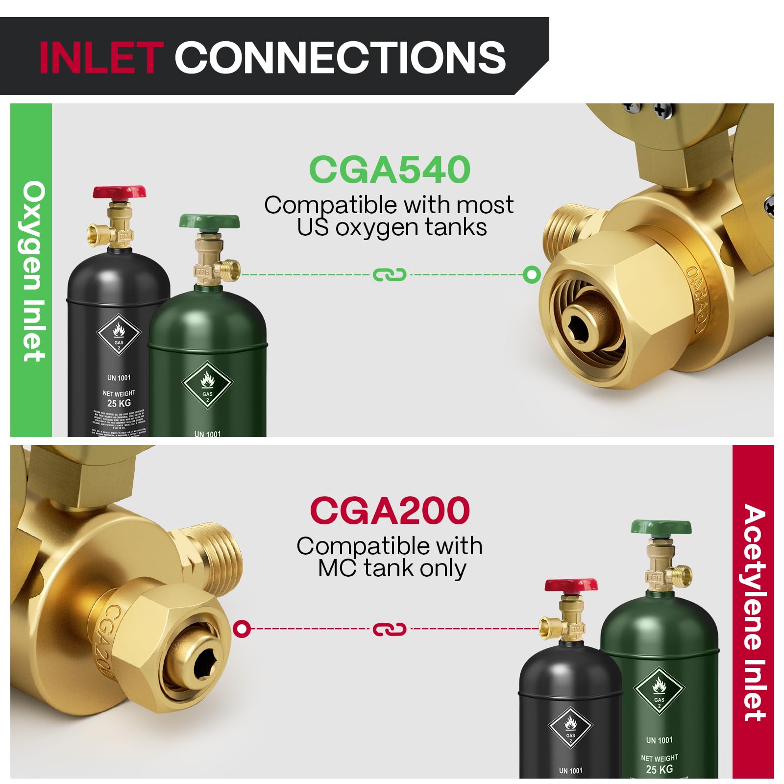 ARCCAPTAIN Small Oxygen Acetylene Regulator Set, CGA540 & CGA200 Compatible, for 9/16"-18 B-Size and 1/4" Hose - Image 3