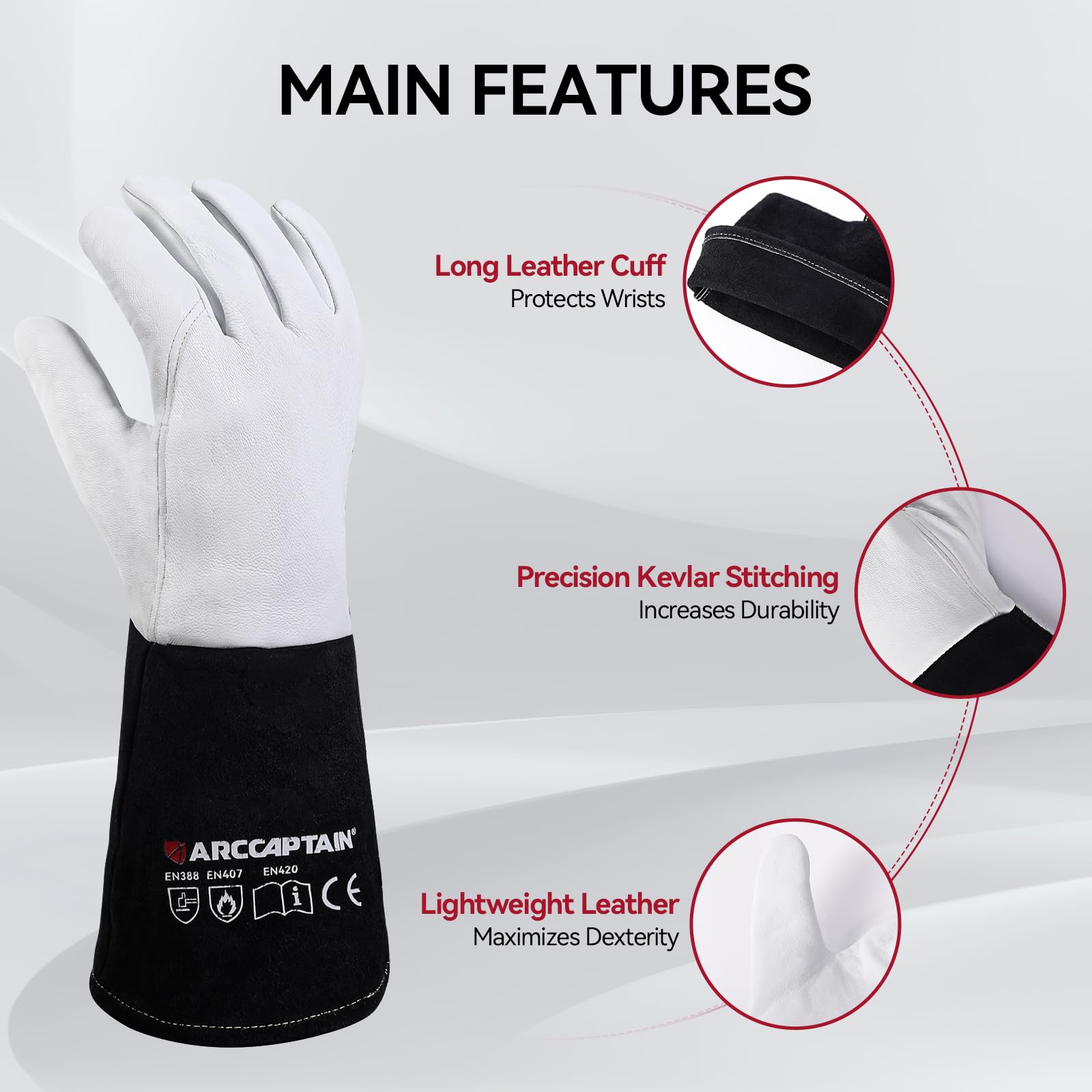 ARCCAPTAIN Soft Goat Grain TIG Welding Gloves with High Dexterity, 4-Inch Extended Cuff, Comfortable TIG Gloves with Reinforced Seams, Medium - Image 3