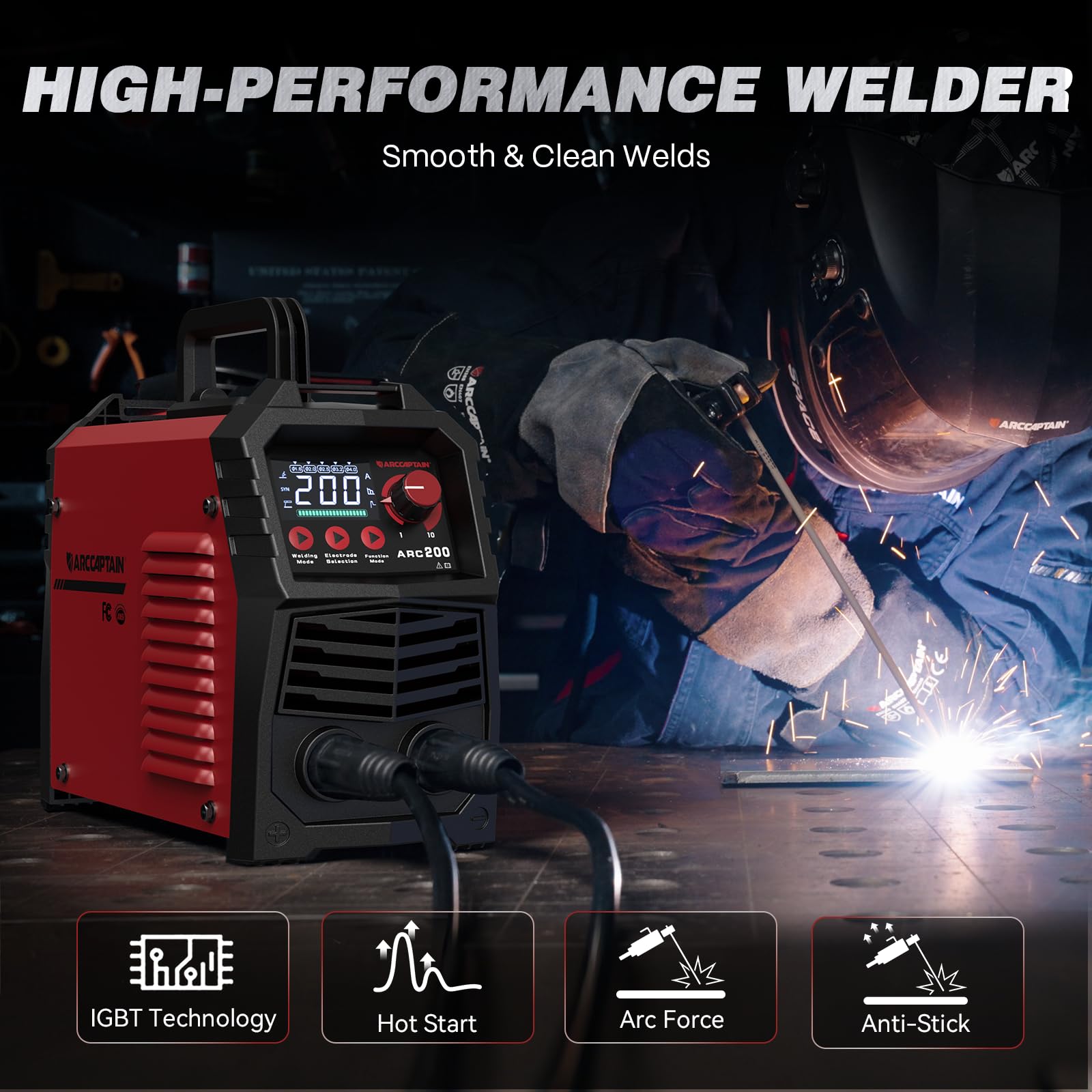 ARCCAPTAIN Stick Welder, [Large LED Display] 200A ARC/Lift TIG Welding Machine with Synergic Control, IGBT Inverter 110V/220V Portable MMA Welder Machine with Hot Start, Arc force and Anti-Stick - Image 5