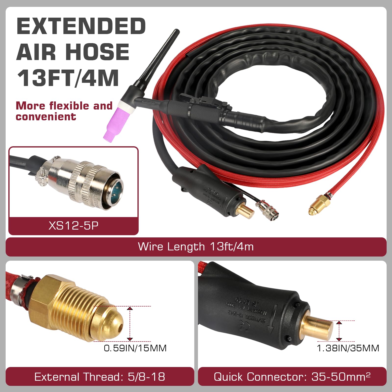 ARCCAPTAIN TIG Torch with High-Frequency Ignition, WP-17 Air-cooled Argon TIG Welding Torch with 35-50mm² Plug, 13-FT Air Hose (Red) and Cable, HF Tig Torch 150amp for ARCCAPTAIN TIG200 and TIG200P - Image 4