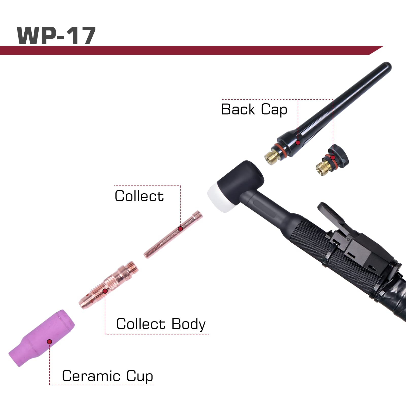 ARCCAPTAIN TIG Torch with High-Frequency Ignition, WP-17 Air-cooled Argon TIG Welding Torch with 35-50mm² Plug, 13-FT Air Hose (Red) and Cable, HF Tig Torch 150amp for ARCCAPTAIN TIG200 and TIG200P - Image 8