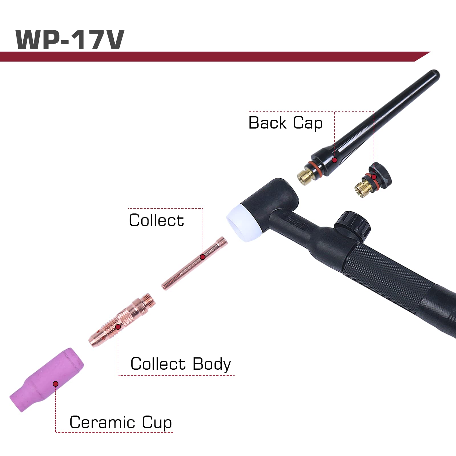 ARCCAPTAIN TIG Welding Gun, WP-17V Argon TIG Torch with 13FT Red Air Hose and 10-25mm Connector, Lift Tig Torch 150amp with 13FT Cable for ARCCAPTAIN ARC160, MIG130, MIG160, ARC165 Pro and MIG145 Pro - Image 5