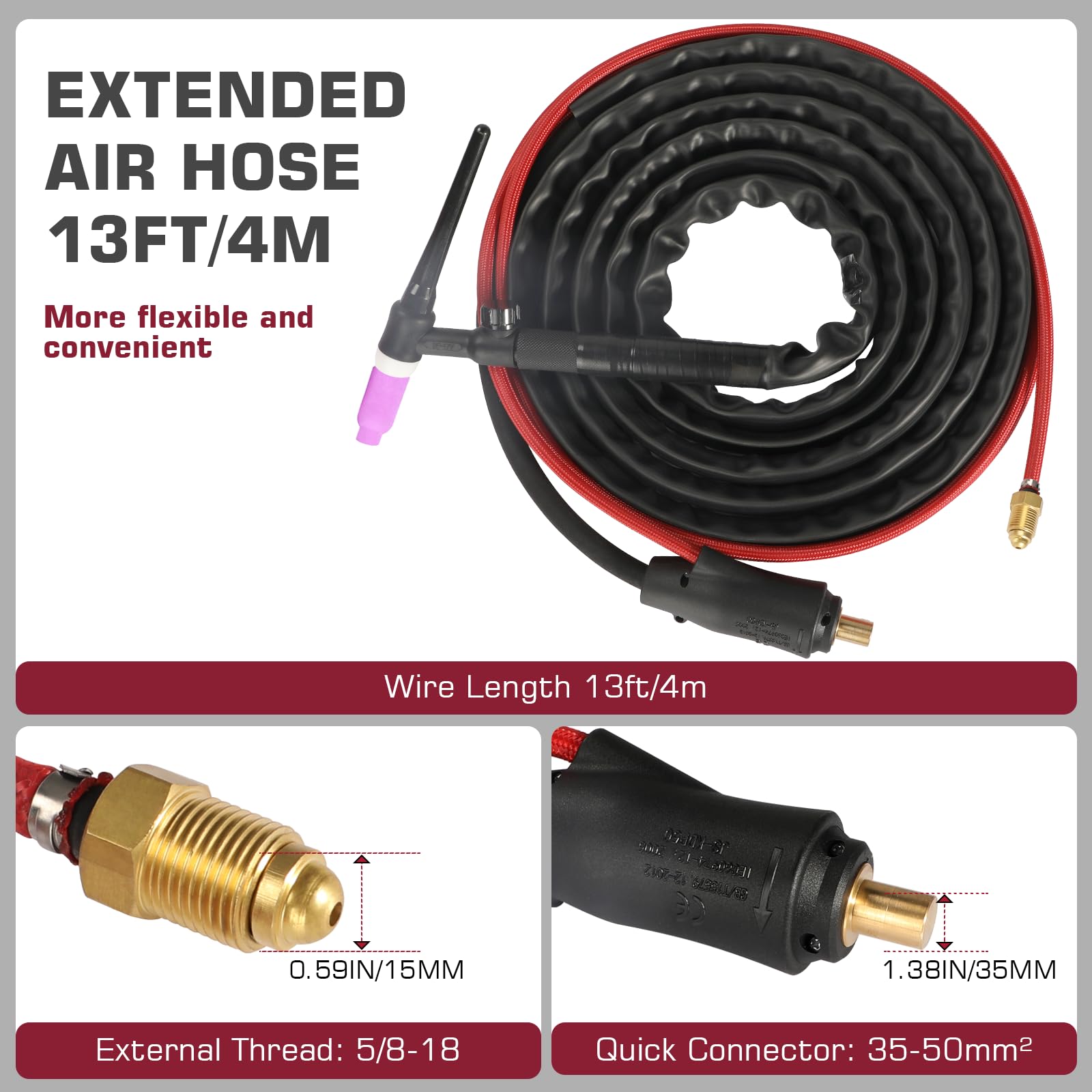 ARCCAPTAIN TIG Welding Gun, WP-17V Argon TIG Torch with 13FT Red Air Hose and 35-50mm Connector, Lift Tig Torch 150amp with 13FT Cable for ARCCAPTAIN ARC200, MIG200, MIG250, ARC205 Pro and MIG205 Pro - Image 7
