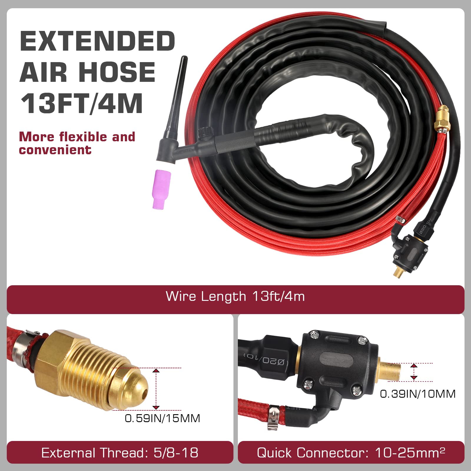 ARCCAPTAIN TIG Welding Gun, WP-17V Argon TIG Torch with 13FT Red Air Hose and 10-25mm Connector, Lift Tig Torch 150amp with 13FT Cable for ARCCAPTAIN ARC160, MIG130, MIG160, ARC165 Pro and MIG145 Pro - Image 7