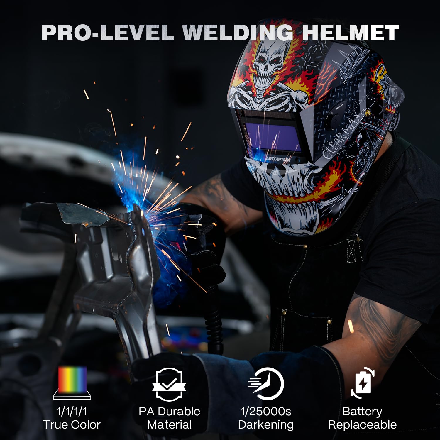 ARCCAPTAIN Welding Helmet Auto Darkening, 1/1/1/1 True Color Welding Hood, 4 Arc Sensor 1/25000s Response Time Solar Powered Weld Hood Helmet HSH-S800 Skeleton Knight - Image 5