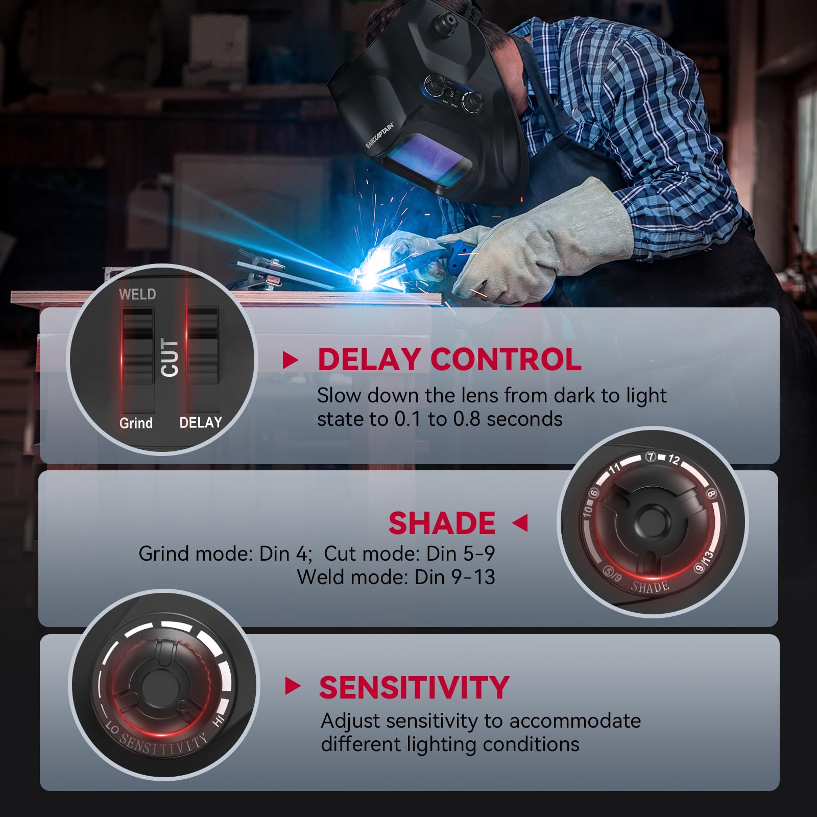 ARCCAPTAIN Welding Helmet Auto Darkening, 3.94"X3.66" Large Viewing Screen True Color Welding Hood with 4 Arc Sensor Solar Powered, Wide Shade 4-5/5-9/9-13 for ARC TIG MIG Welding Helmets for Men - Image 6
