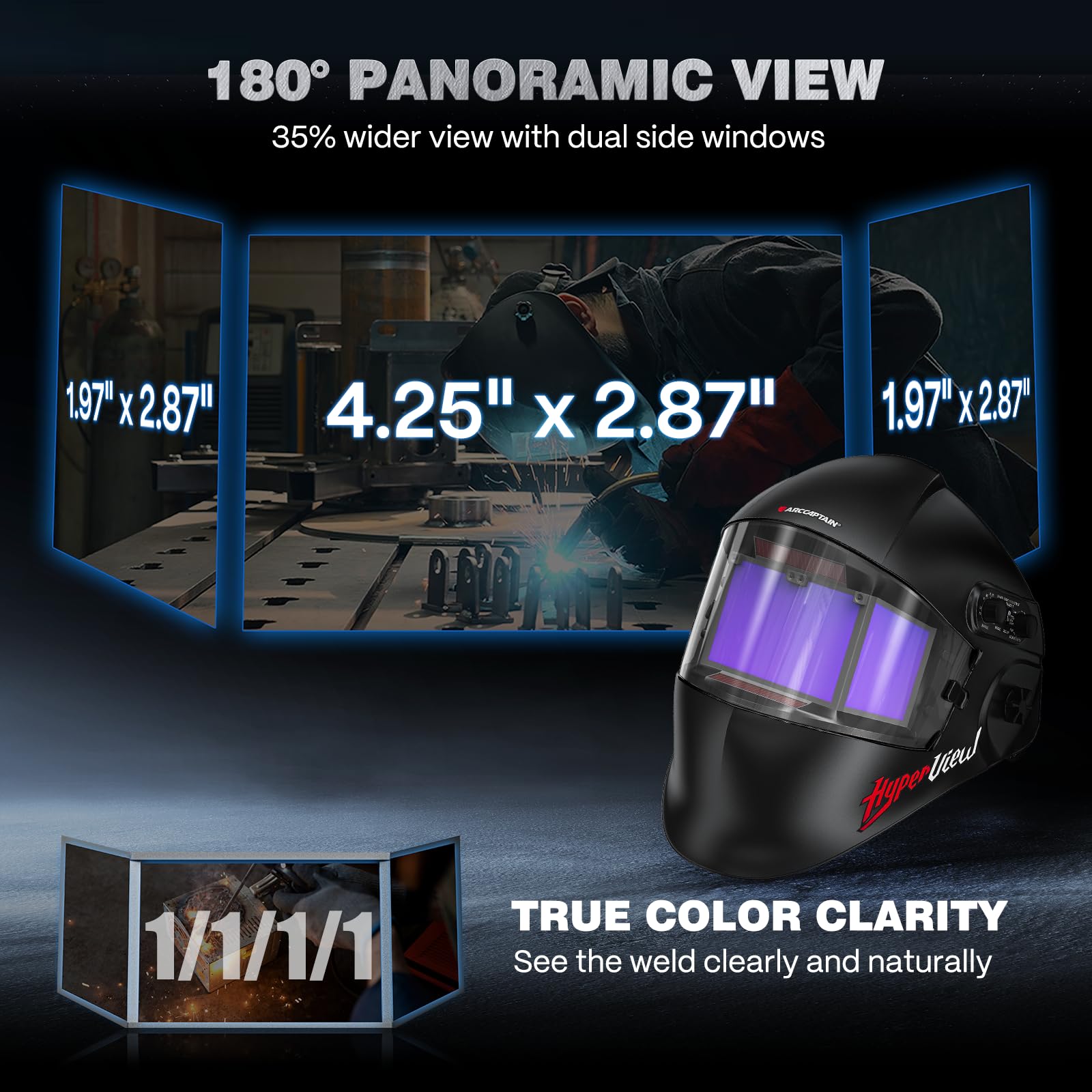 ARCCAPTAIN Welding Helmet Auto Darkening with Side Lens(DIN3/13), 180° Panoramic View, 1/1/1/1 True Color Welding Hood with 4 Arc Sensor Solar, Wide Shade 3/4-8/9-13 for TIG/MIG/ARC/Cut/GRIND, Black - Image 3