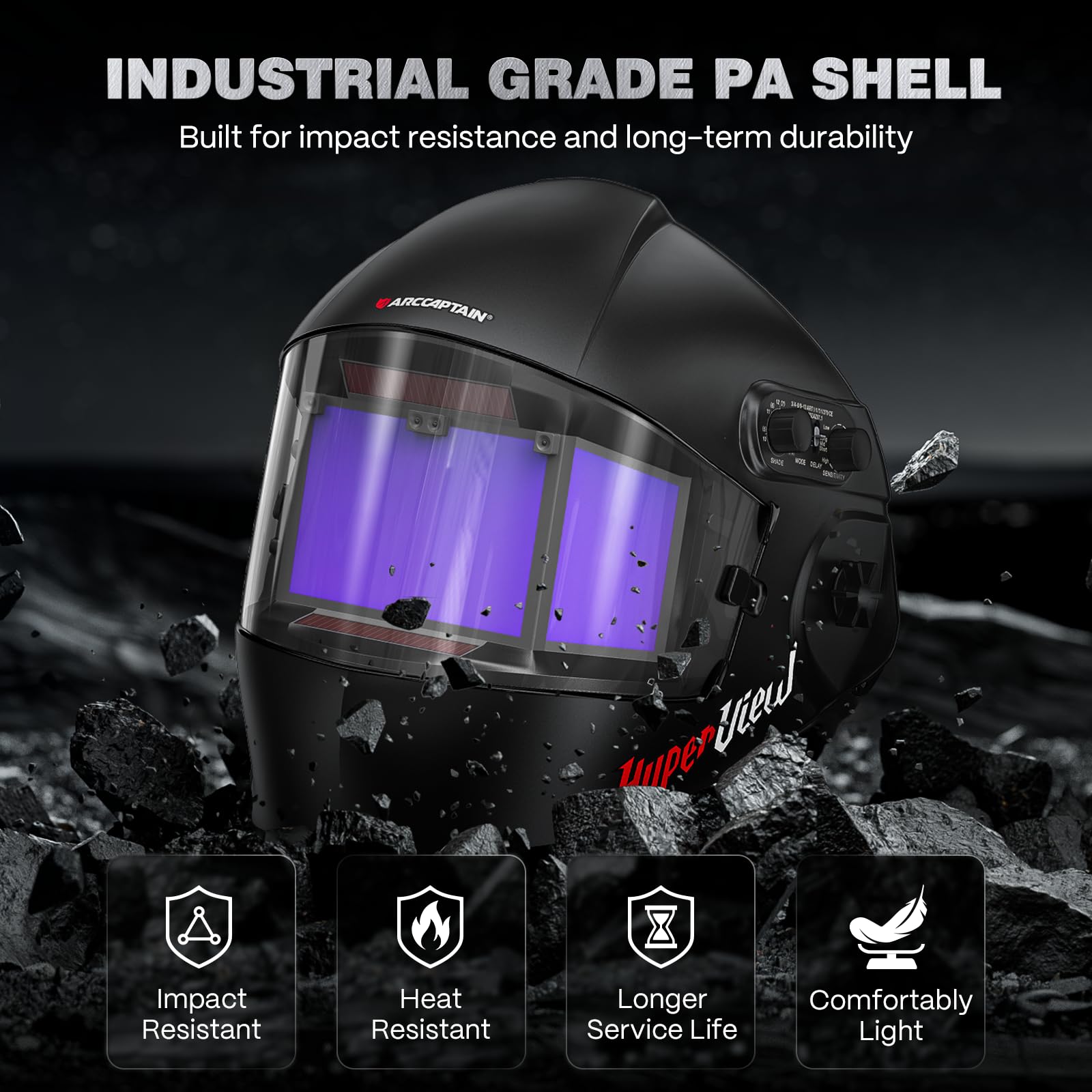 ARCCAPTAIN Welding Helmet Auto Darkening with Side Lens(DIN3/13), 180° Panoramic View, 1/1/1/1 True Color Welding Hood with 4 Arc Sensor Solar, Wide Shade 3/4-8/9-13 for TIG/MIG/ARC/Cut/GRIND, Black - Image 5