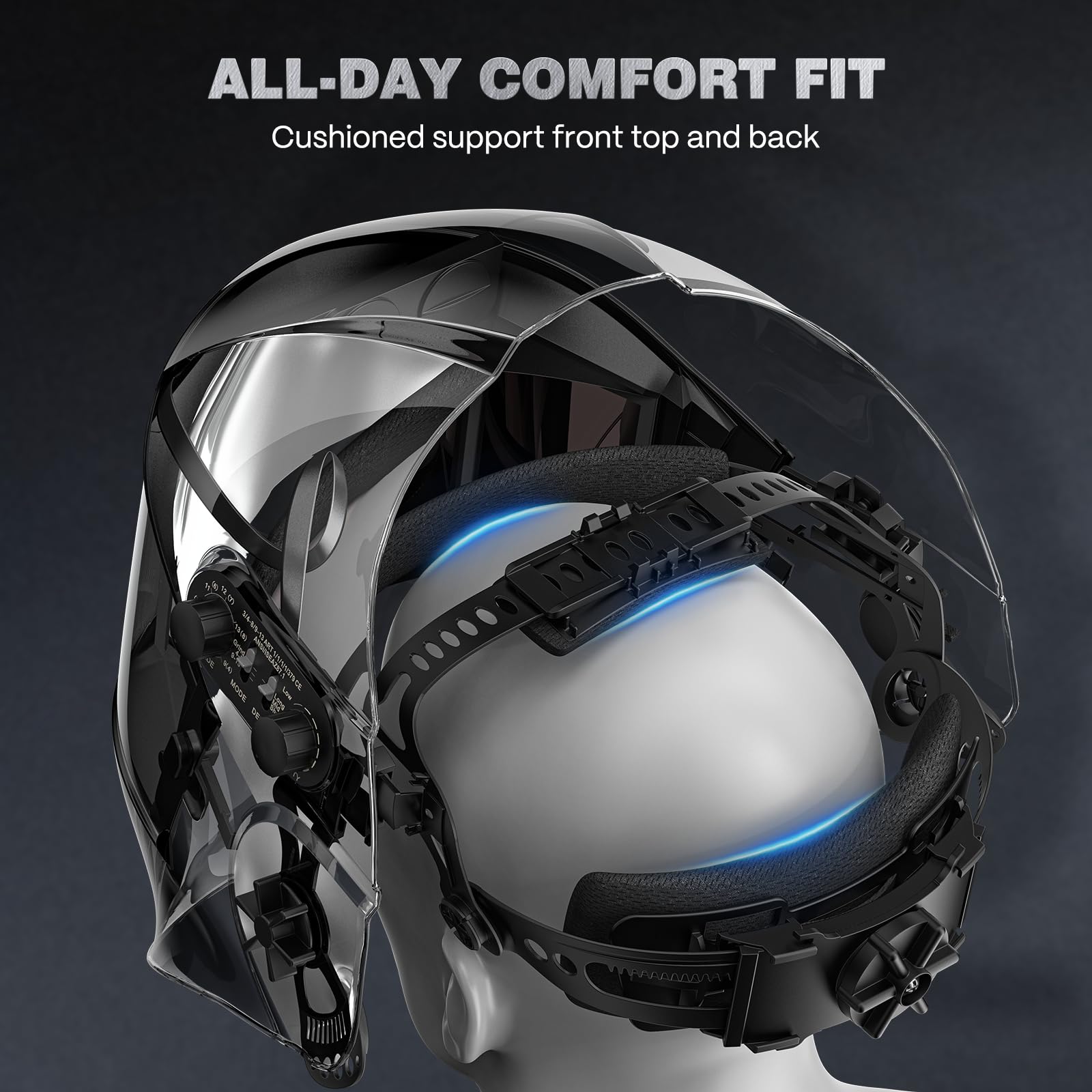 ARCCAPTAIN Welding Helmet Auto Darkening with Side Lens(DIN3/13), 180° Panoramic View, 1/1/1/1 True Color Welding Hood with 4 Arc Sensor Solar, Wide Shade 3/4-8/9-13 for TIG/MIG/ARC/Cut/GRIND, Black - Image 6
