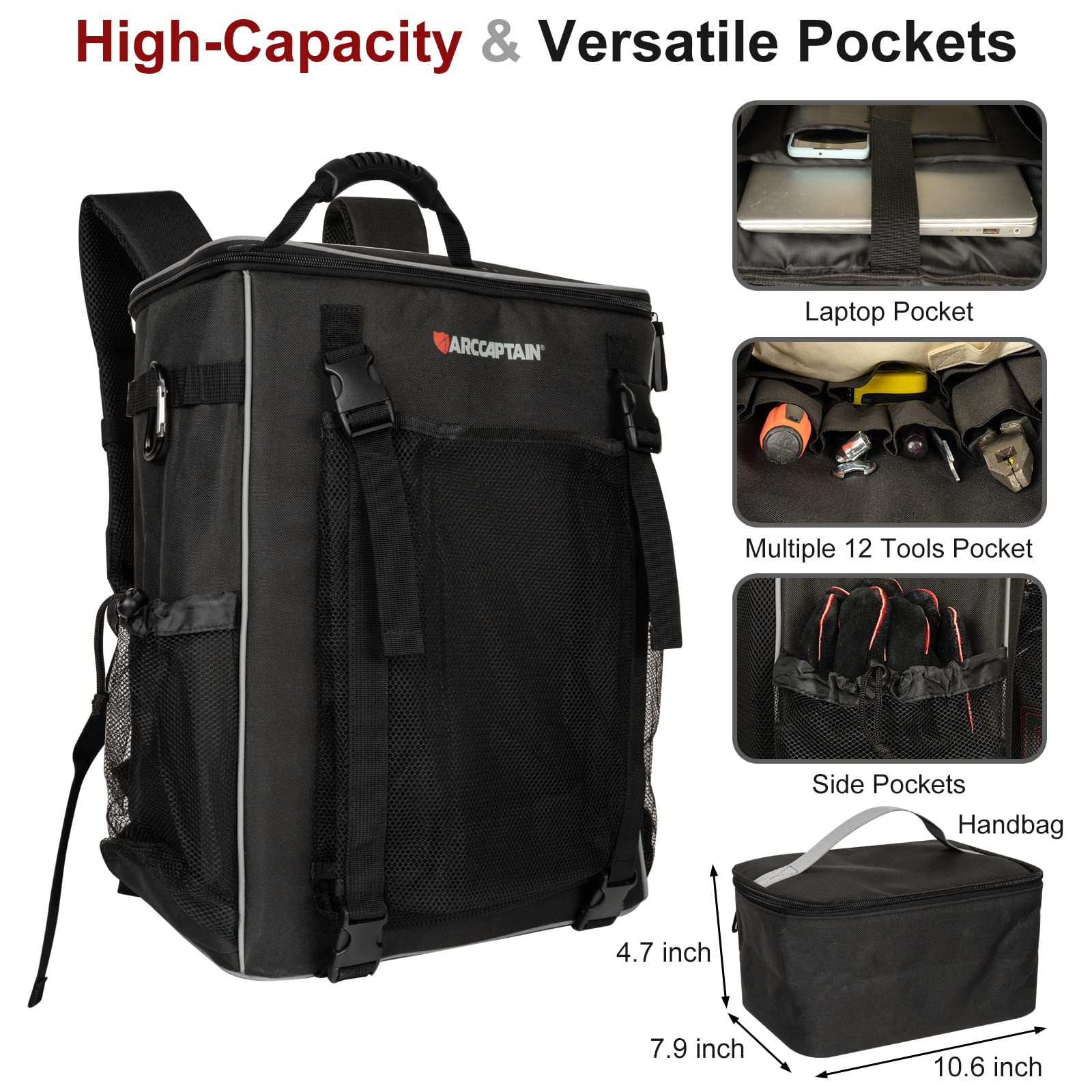 ARCCAPTAIN Welding Tools Backpack, Large Capacity Tactical Welding Helmet Tool Bag Hiking Laptop Outdoor Multipurpose Backpacks for Men women, Ultra Light and Black - Image 4